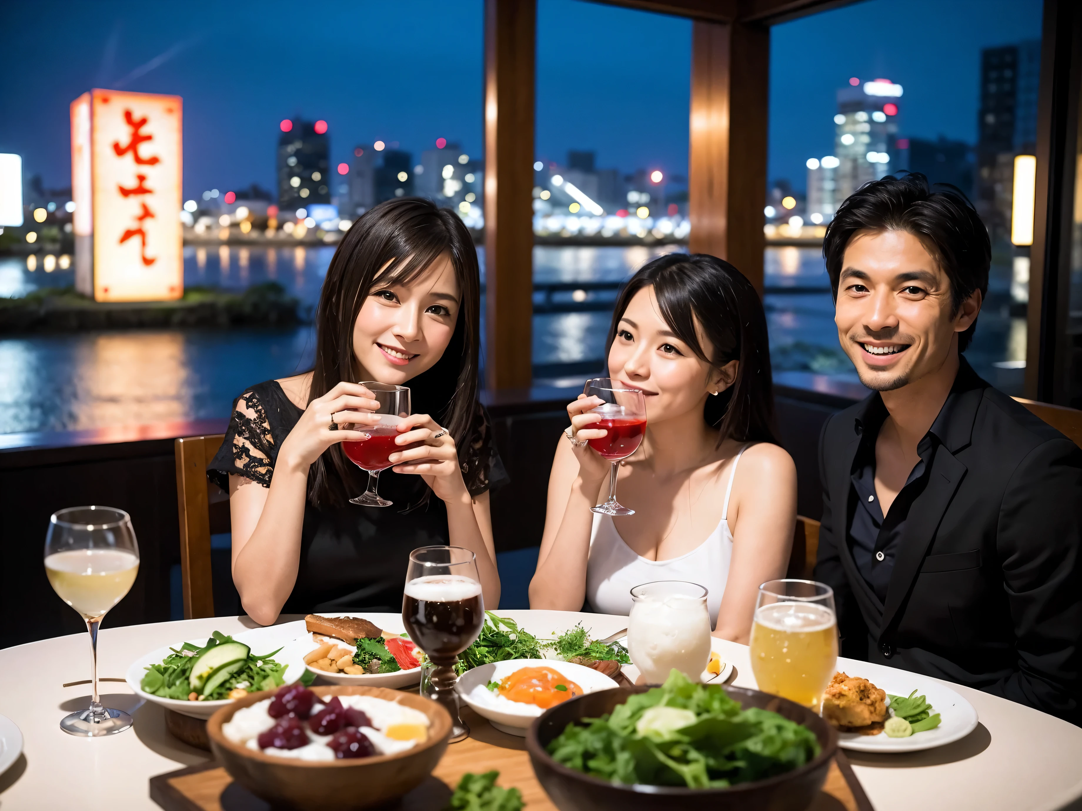 Detailed images that look like they were taken with a high-end camera、party、couple、banquet、Japanese sake、Shochu、hot sake、Japanese sakeファン、I love Japanese sake、because I'thin、Women who drink alcohol、36 years old、38 years old、Colombia、Brazilian、Japanese、Dutch、German、Portuguese、Belgian、chiri、American、french、Spaniard、Italian、Indian、Englishman、Cut your hair short、brown hair、beautiful woman with glasses and cup、Japanese sakeグラスとワイングラスには清酒が入っています.、720m of Japanese sake、1.You can also see the 8L sake bottle...、There is also Choshi、adult woman in her 30s、Have a nice smile while enjoying a drink.、The location is a hotel restaurant..、You can see the beautiful night view of the city outside the window..、The floor is the 1st floor、In the background you can see a man and a woman enjoying alcohol...。