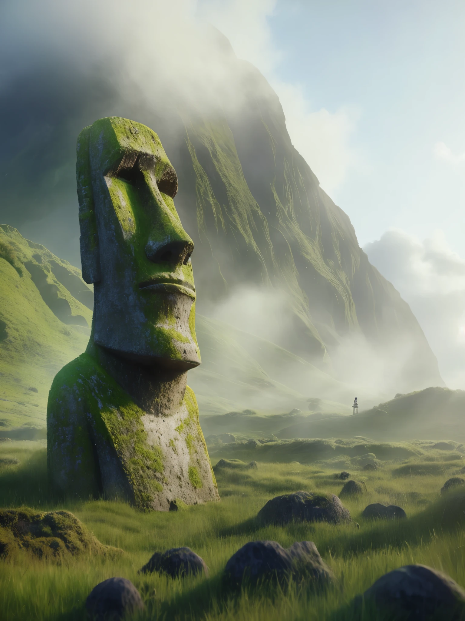 there is a statue in the middle of a grassy field, moai, movie still 8 k, global illumination. vfx, moai statue giving a ted talk, fantasy style 8 k octane render, 8 k movie still, pixar 8 k photo, pixar renderman render, 8 k matte painting, 8k matte painting, frame from pixar movie, 4k movie still