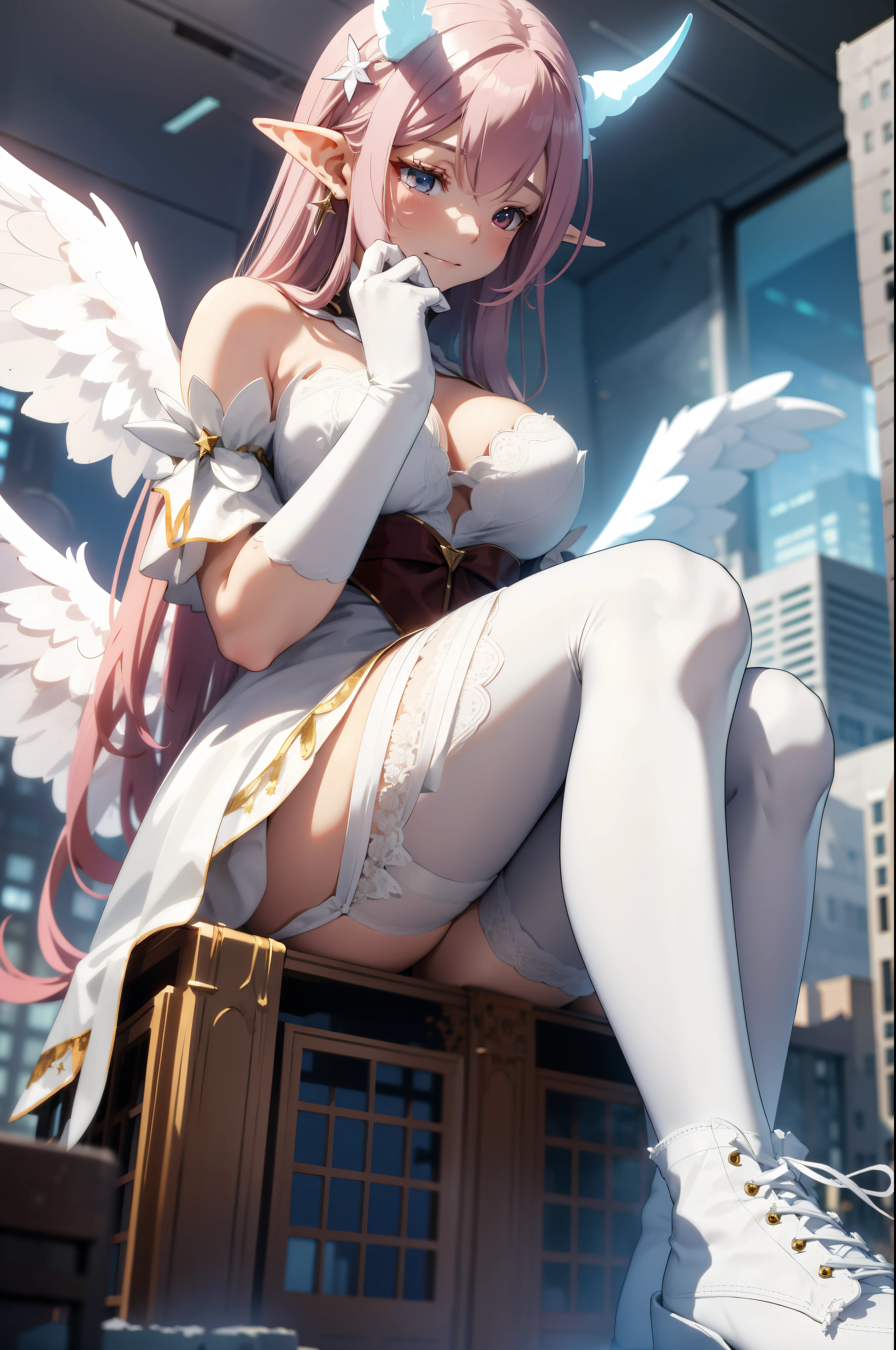 giant girl 50,000 feet high,Weight 1000kg,Have a pair of long legs,Keep your eyes open,Has a pair of huge white angel wings,With huge devil horns on his head,wear a crown on your head,Elf wearing white earrings,She has long pink hair that reaches her feet,loose hair,Pink wavy long curly hair,Wearing a pair of white boots on her feet,White lace gloves,White lace pantyhose,Bow and star embellished tights,白色蕾丝whole body,Sit on a tall building,Beautiful appearance,Exquisite makeup,quality,8k,高quality,Perfect proportion, Cinema lighting,film grain,Fuji colors,8k,textured skin,Super details,high detail,high resolution,fake smile,blood stains,脚底有blood stains,whole body,fat,elf princess,feather,flowers
