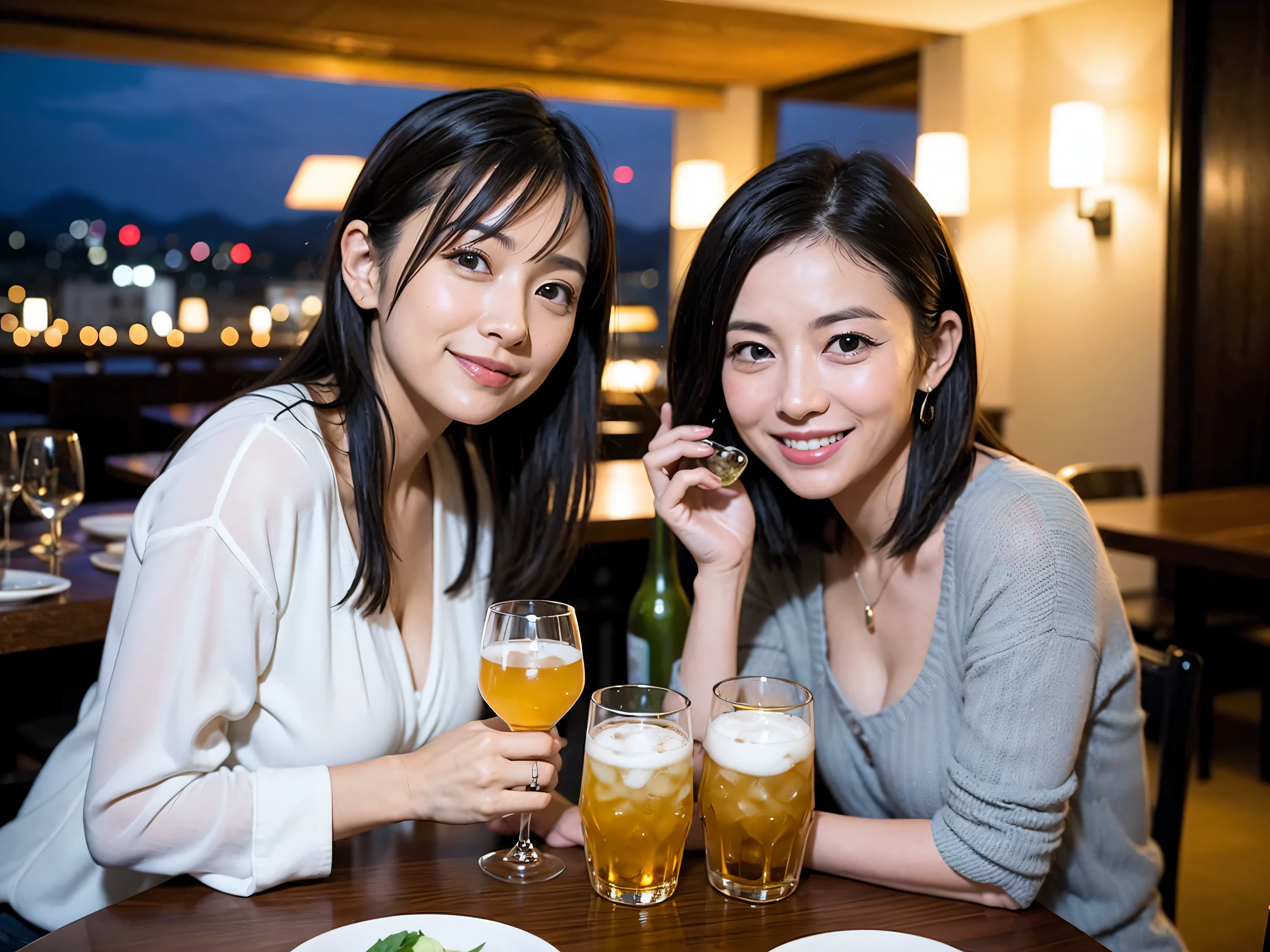 Detailed images that look like they were taken with a high-end camera、party、couple、banquet、Japanese sake、Shochu、hot sake、Japanese sakeファン、I love Japanese sake、because I'thin、Women who drink alcohol、36 years old、38 years old、Colombia、Brazilian、Japanese、Dutch、German、Portuguese、Belgian、chiri、American、french、Spaniard、Italian、Indian、Englishman、Cut your hair short、brown hair、beautiful woman with glasses and cup、Japanese sakeグラスとワイングラスには清酒が入っています.、720m of Japanese sake、1.You can also see the 8L sake bottle...、There is also Choshi、adult woman in her 30s、Have a nice smile while enjoying a drink.、The location is a hotel restaurant..、You can see the beautiful night view of the city outside the window..、The floor is the 1st floor、In the background you can see a man and a woman enjoying alcohol...。