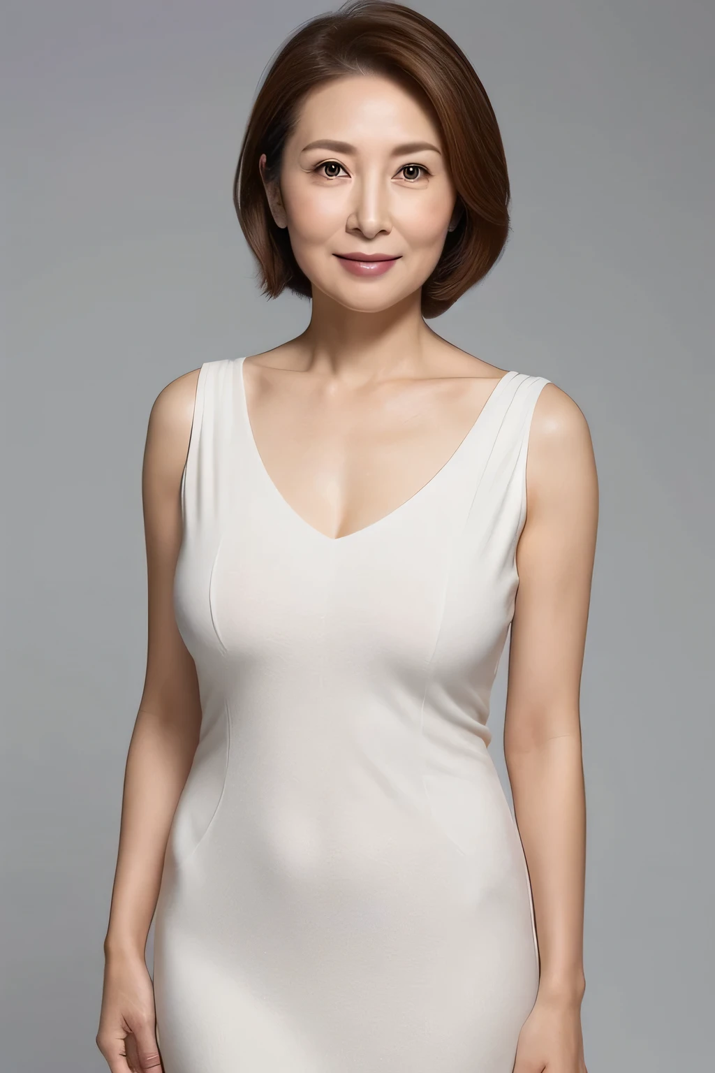 High resolution, High level image quality, high detail, masterpiece, rough skin, anatomically correct, sharp, gray background((japanese mature, 70 years old)), alone, ((facial wrinkles)), good shape big breasts, Straight light brown hair that reaches to the shoulders, Chubby body type (((stand upright, facing the center of the screen.))), Close your mouth and look straight ahead with a serious face, pure white tight dress, full body photo, Seen from the knee