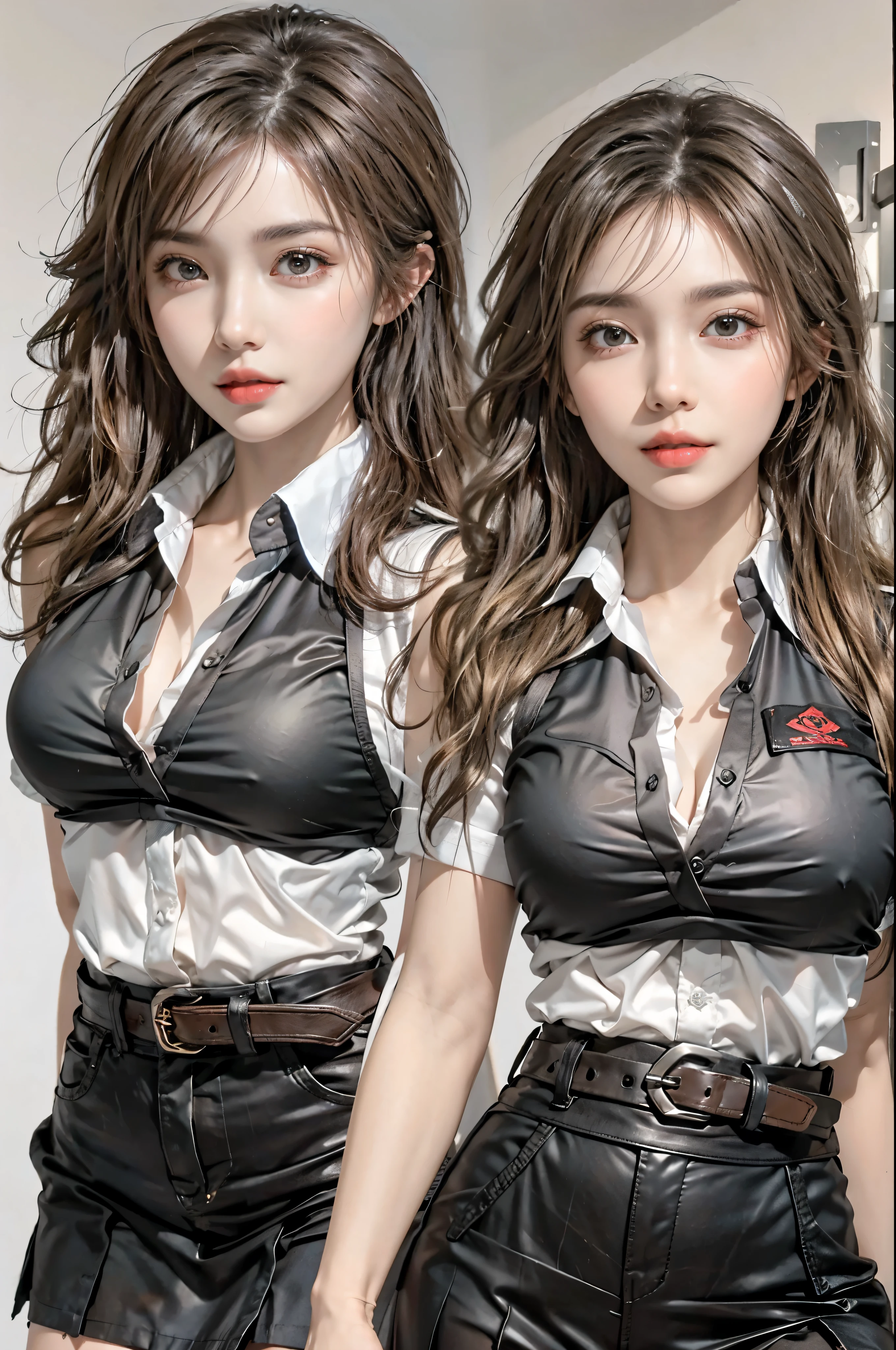 realistic, High resolution, soft light,1 female, alone, hip up, glowing skin, (detailed face),tattoo, jewelry, secretary clothes, white shirt, black skirt, black stockings, garter belt, night, blonde hair, wavy hair, Beautiful Soldier, Eyes that invite the viewer, spouse&#39;point of view, attractive appearance, sexy smile, perfect style, perfect balance, fine skin, naughty look, I can see your breasts