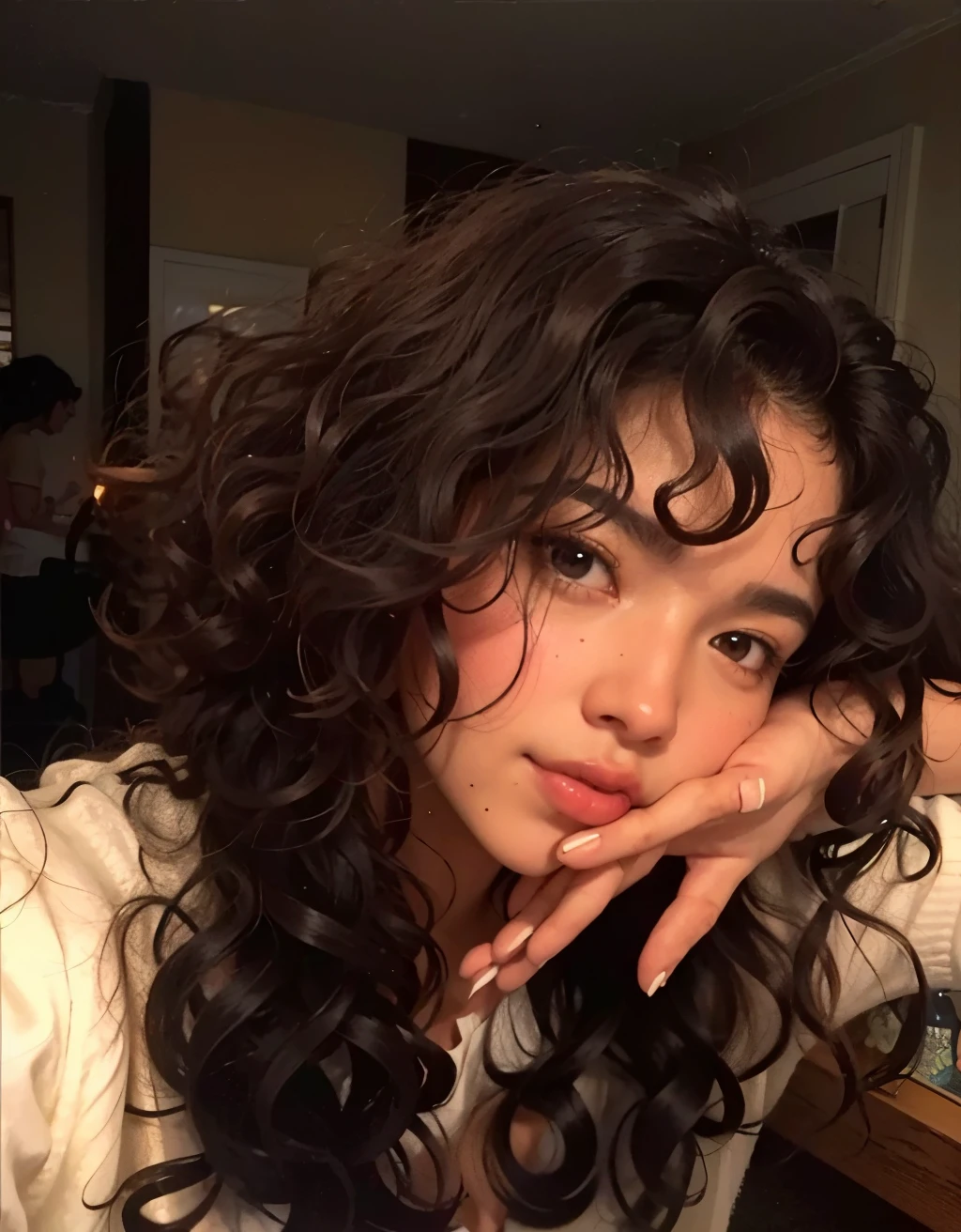 a close up of a woman with curly hair and a white shirt, selena quintanilla perez, curly bangs, (dark shorter curly hair), messy curly hair, curly dark hair, curly haired, looks like laura barriales, cynthwave, profile image, bella poarch, profile picture, long messy curly hair, zendaya, curly hair, curly