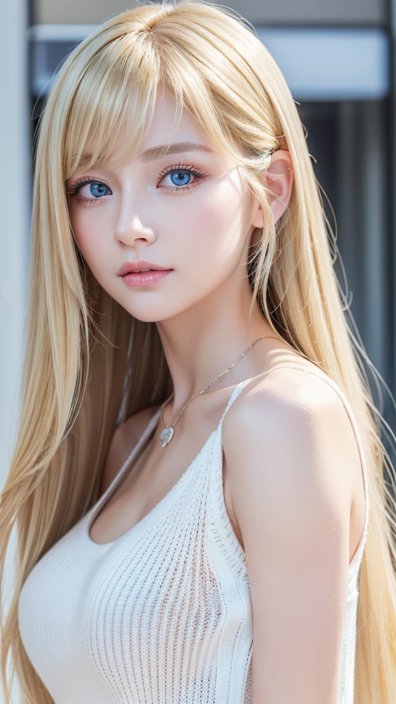 high quality、最high quality、photorealistic、Raw photo、real、超real8K CG、Super detailed、High resolution、masterpiece、1 girl、Super long blonde hair、bright blonde hair、big shining bright light blue eyes、detailed face and eyes、very big eyes、Close-up、intricate details、detailed texture、details、details、cheek gloss highlight、White shiny skin、
((最high quality、8k、masterpiece、sharp focus、35mm lens、f / 0.8、Amazingly beautiful and perfect figure:1.4))、side light、((Natural Medium Breasted))、(white shoulder knit sweater:1.2)、(street background:1.2)、necklace、Highly detailed face and skin texture:1.2、detailed light blue big eyes:1.2、Super detailedな肌、shiny white skin:1.2、blush、Beautiful detailed makeup:1.2、High-fidelity bangs、Bright light blonde long random hairstyle、 from below、view viewer