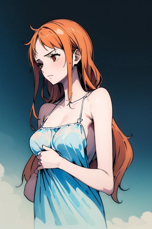 (masterpiece, best quality), ((1girl, solo, long hair)), Ishmael_limbus, innocence expression, bare arms, bare shoulders, bare neck, watercolor, sundress, liquid clothes, water, waves, water dress, blue_theme, night, mist, dark, sharp focus, sea, see-through dress, orange hair, (nswf:1.5)