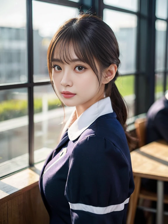 ((highest quality))、((masterpiece))、((realistic))、Stunning illustration of girl in uniform posing confidently in modern classroom。How to achieve the best quality、The artwork is very detailed and high resolution(8K)Must be created with。It should be realistic and realistic in style with soft natural lighting。color grading、Must be done professionally to increase the captivating presence of the subject。The work shows the charm and beauty of women、Should exude confidence。It should be at eye level and、、It must be scenic、masterpieceのはずです 35歳 女性、