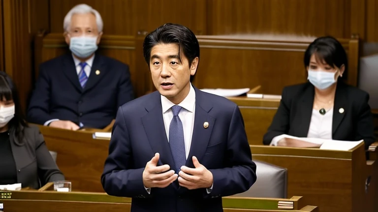 news photos, Scene at the Diet, riding a bike in parliament, politician, suit figure, Japanese, young, male, speaking in parliament, serious expression,