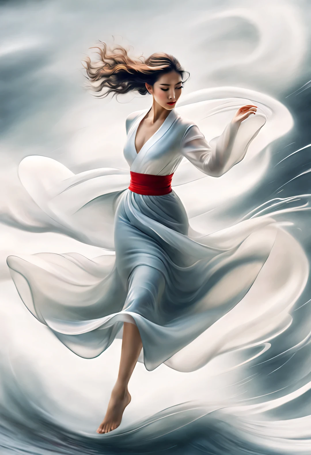 （Red art poster design），（whole body），（Amazing beautiful Chinese dancer dancing），Put on a gauze skirt，Fair and flawless skin），The bridge of the nose is high and straight，（Thick long hair with messy shawl hair：1.1），Close eyes and indulge in intoxication，（inspired by audrey.Hepburn：1.0），sad yet beautiful，Long and beautiful limbs，slim waist，Exquisite facial features，（barefoot）， Swirling mist，Noble temperament，black and white，Chinese ink painting，，Surrealism，Vague，imagine，