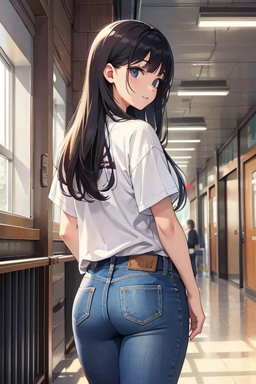 university student、campus、corridor、Beauty、Upper body、backwards、jeans