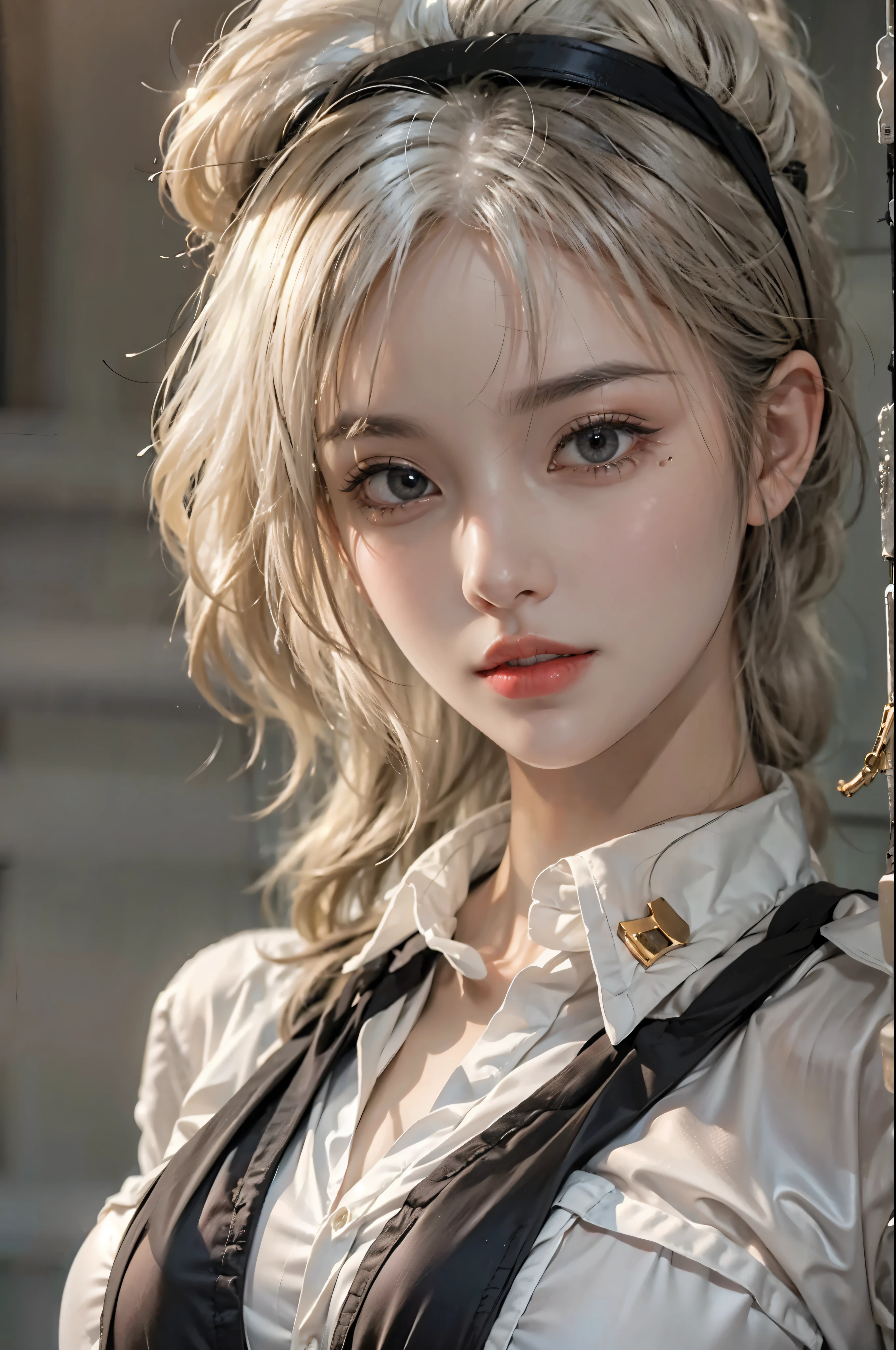 realistic, High resolution, soft light,1 female, alone, hip up, glowing skin, (detailed face),tattoo, jewelry, Secretarial Uniform, white shirt, black skirt, black stockings, garter belt, night, blonde hair, wavy hair, Beautiful Soldier, Eyes that invite the viewer, lover's perspective, an inviting look, sexy smile, perfect style, perfect balance, fine skin, naughty look, I can see your chest