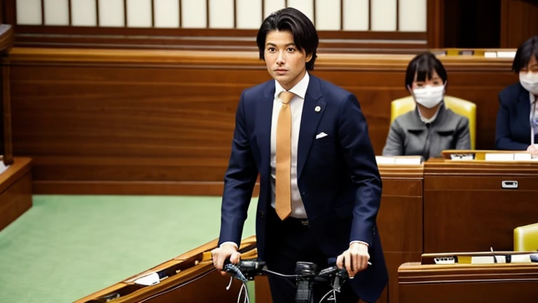 news photos, Scene at the Diet, riding a bike in parliament, politician riding a bike, suit figure, Japanese, young, male, speaking in parliament, serious expression,