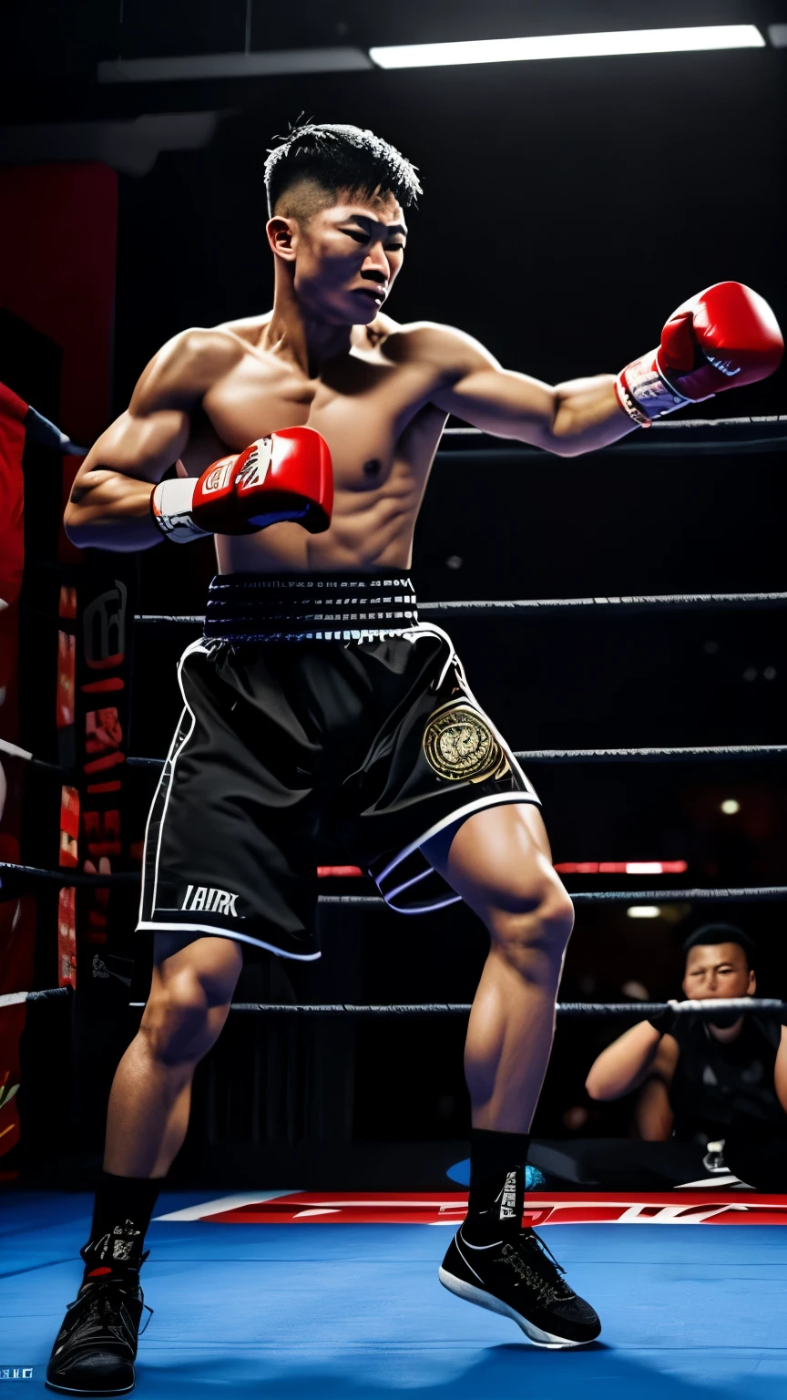 asian fighter punching boxing bag, sweat, ultrarealistic, hard training, dark ambience
