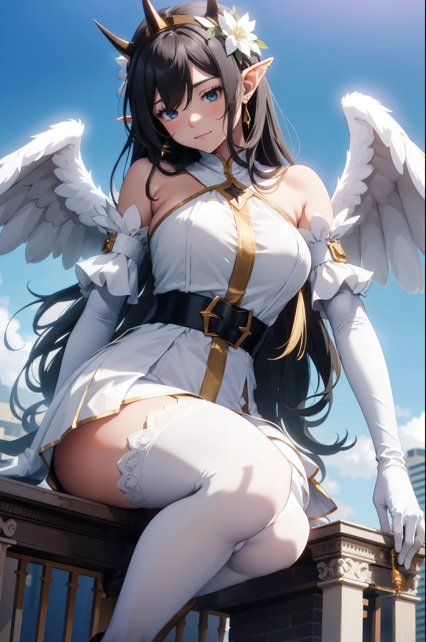 giant girl 50,000 feet high,Weight 1000kg,Has a pair of long legs,Open your eyes wide,Has a pair of huge white angel wings,With huge devil horns on his head,crown on head,Elf wearing white earrings,She has long black hair that reaches her feet,loose hair,Black wavy long curly hair,Wearing a pair of white boots,White lace gloves,White lace hose,Pantywith bow and star decorations,白色蕾丝whole body,sitting on a tall building,Beautiful appearance,Exquisite makeup,quality,8k,高quality,Perfect proportion, Cinema lighting,film grain,Fuji colors,8k,textured skin,Super details,high detail,high resolution,fake smile,blood stains,脚底有blood stains,whole body,Obese,elf princess,feather,flowers