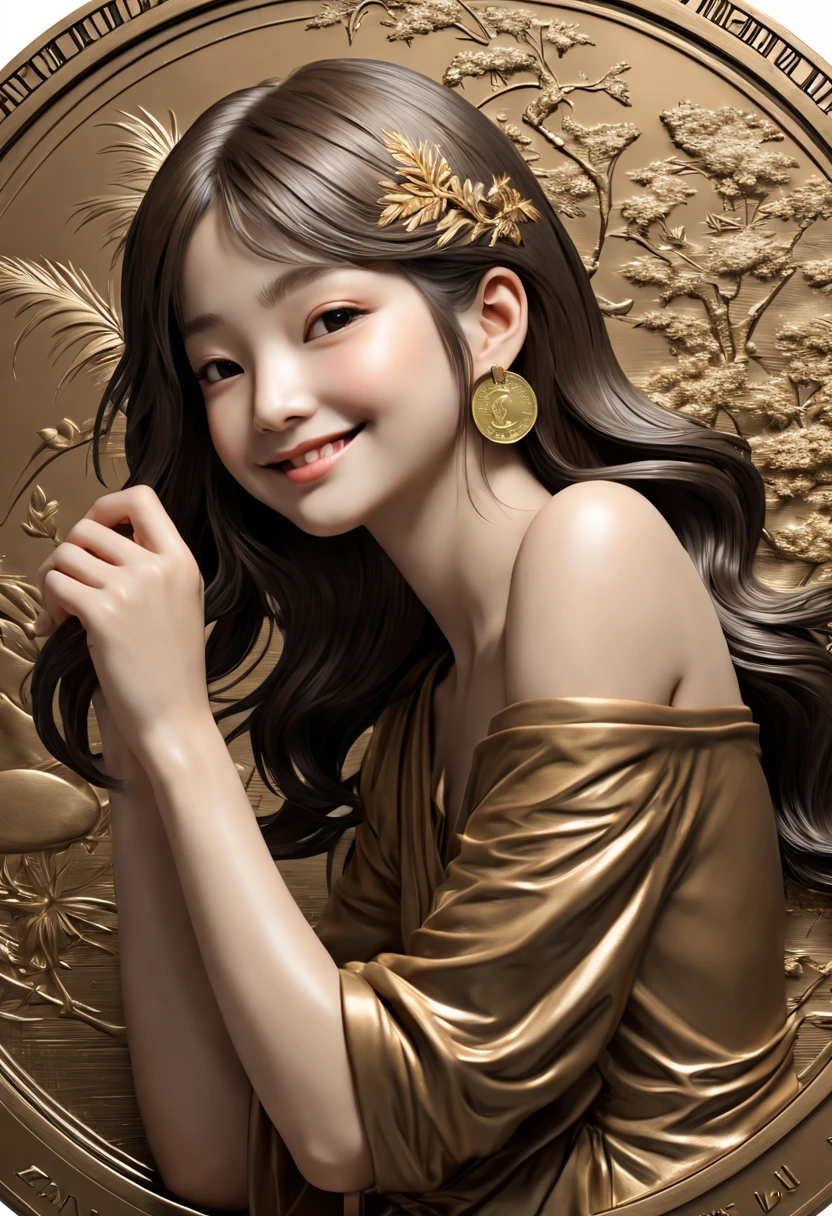 Fractal art design、(highest quality、4k、8k、High resolution、masterpiece: 1.2)、Super detailed、(real、photorealistic、photorealistic: 1.37)、Relief circular coin featuring a detailed profile of a girl、Coin with artwork design resting on woman&#39;s palm。The color of the coin is a cool bronze color.。The depiction exaggerates the palm of a woman and shows a coin in her hand with a smile.