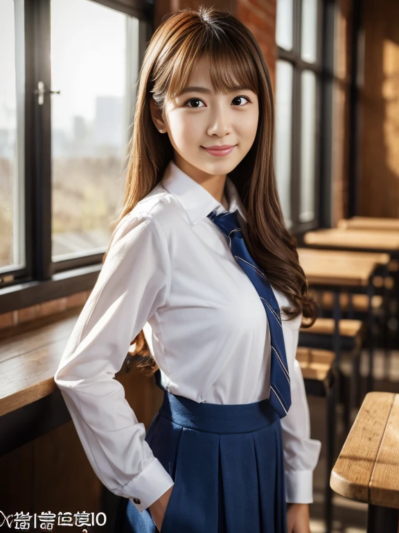 ((highest quality))、((masterpiece))、((realistic))、Stunning illustration of girl in uniform posing confidently in modern classroom。How to achieve the best quality、The artwork is very detailed and high resolution(8K)Must be created with。It should be realistic and realistic in style with soft natural lighting。color grading、Must be done professionally to increase the captivating presence of the subject。The work shows the charm and beauty of women、Should exude confidence。It should be at eye level and、、It must be scenic、masterpieceのはずです 35歳 女性、