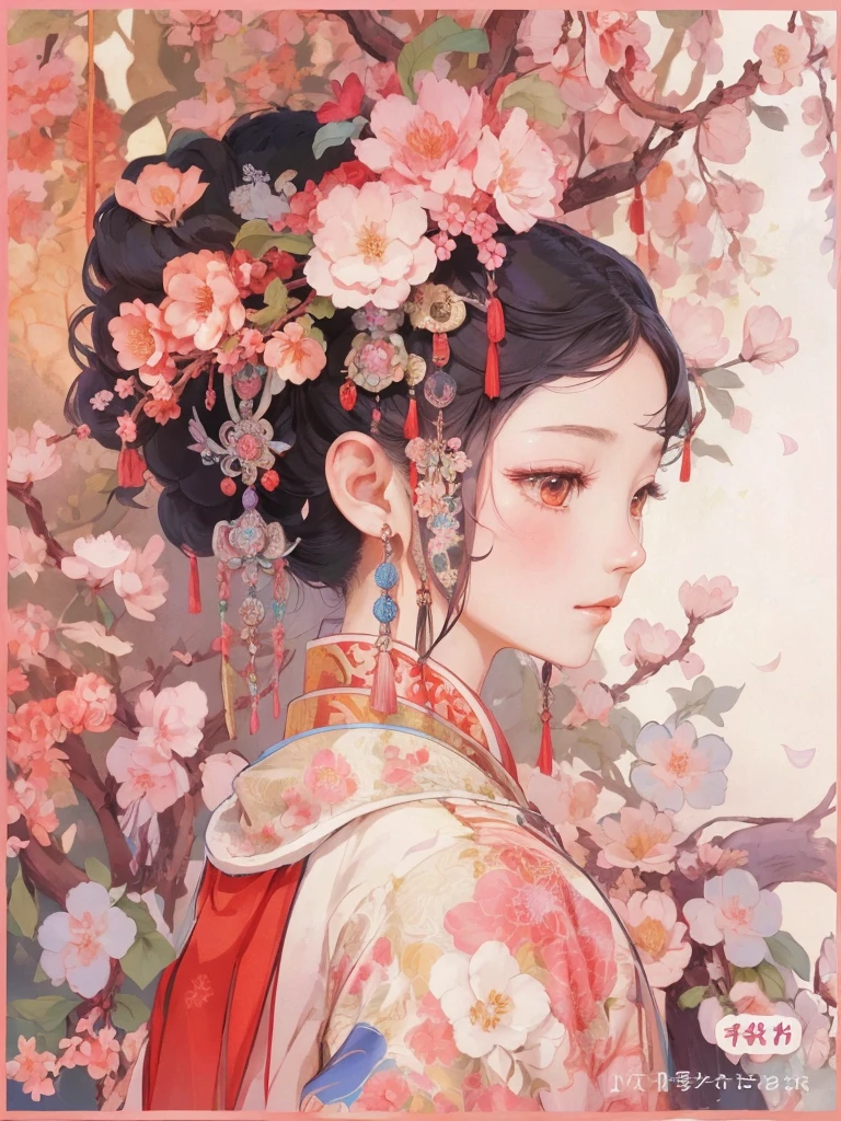 Close-up of a woman wearing a flower headdress in front of a tree, palace , girl wearing hanfu, Gviz-style artwork, Gviz, beautiful character drawings, China Princess, Beautiful artwork illustration, Written by Ren May, Written by Yeshin, Gweiz's masterpiece, author:Chen Lin, author:Mei Chin