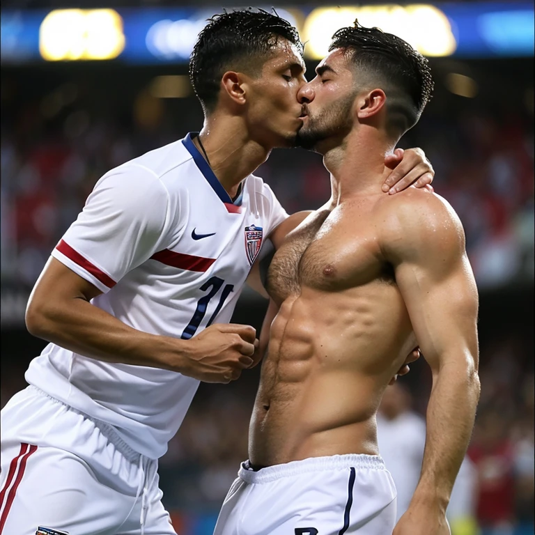 Capitan musculoso de futbol americano borracho y sin camisa, masturbated and kissed on the mouth by another young man smaller and thinner than him, Bulto grande, mostrando pectorales y abdominales completos,wet dreams, Great erection, besos, porno gay