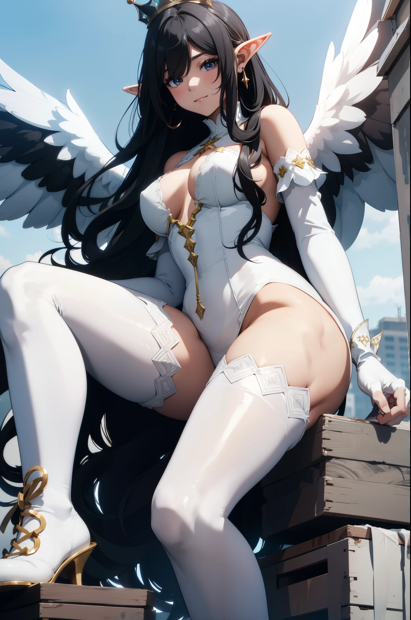 giant girl 50,000 feet high，Weight 1000kg，Has a pair of long legs，Open your eyes wide，Has a pair of huge white angel wings，With huge devil horns on his head，crown on head，Elf wearing white earrings，She has long black hair that reaches her feet，loose hair，Black wavy long curly hair，Wearing a pair of white boots，White lace gloves，White lace pantyhose，Pantyhose with bow and star decorations，白色蕾丝whole body，sitting on a tall building，Beautiful appearance，Exquisite makeup，quality，8k，高quality，Perfect proportion, Cinema lighting，film grain，Fuji colors，8k，textured skin，Super details，high detail，high resolution，fake smile，blood stains，脚底有blood stains，whole body，Obese，elf princess，feather，flowers