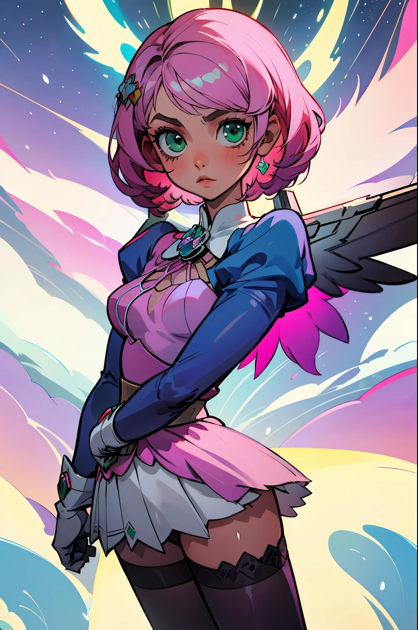 Alisa bosconovitch androide de origem russa, iris dos olhos cintilantes verdes, melhor qualidade, contemporary, estilo plano, minimalismo, Green Eyes Flat Illustration, cabelo rosa, cabelo curto, cabelos multicoloridos, Camisa Preta, mechanical wings, Head Portrait Close-U, peito pontudo, decote, super decote, medium breasts, Tekken, cabelo rosa pastel, 1 garota, em quimono, hand painted, Desenho de linha sem cor, colorida do yandere pastel, Tekken, Super cute pink hair girl with gothic makeup on the side, figura esbelta, robusto, He sat on the floor, cabelos muito curtos, com orelhas de gato, quadratic element, kawaii cor-de-rosa na roupa da era de 1910, Alisa Bosconovich pink lips, no estilo da paleta de cores suave aurorapunk, an anime illustration of his face, gifs animados, hand drawn animation, charming sketches, suave e brilhante, romantismo nebuloso, Estilo Superflat, perspectiva, fechar-se, Girado, Do lado, de cima, corte, atmospheric perspectiva