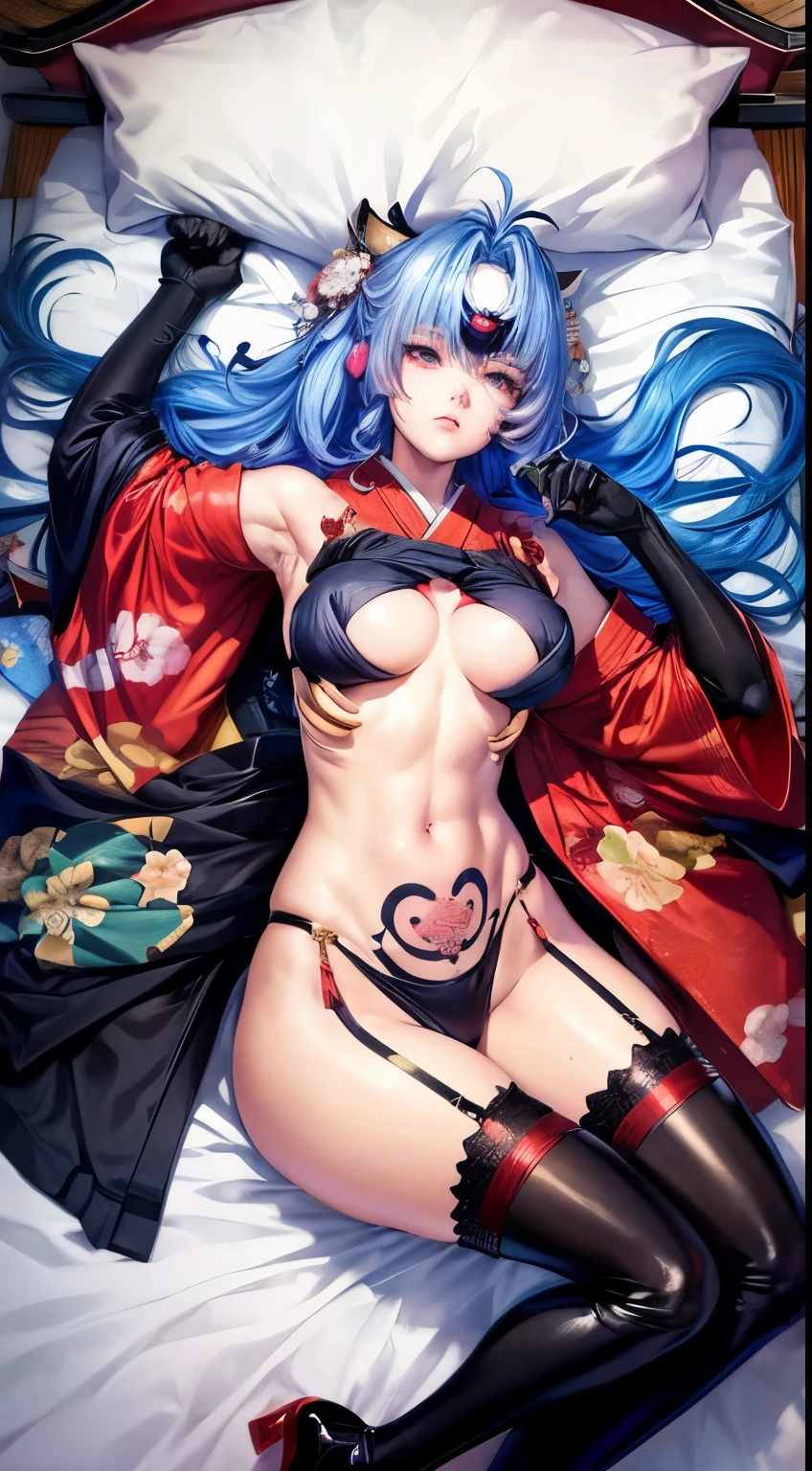 1 girl, 28 years old, bright blue hair, red eyes with Heart shaped pupils, small breasts, (((kimono))), ((Stockings)), (((Poses that emphasize breasts))), tattoo below the navel, ((Black long gloves)), Opening legs, Make eye contact with the camera, Lying in a bed, Bedroom, Wet, embarrassed, pussy juice,