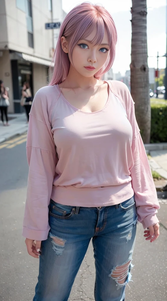 1 girl、foto de la joven (Sana Minatonazi:NamiTamaki:0.5) High resolution 1.2, (8k, RAW Photo, Best quality, Masterpiece), (realistic, photo-realistic:1.4), Ultra detailed, big face, On the street Tokio, sexy, medium height, beautiful woman, Yukata Beauty, the night、A landscape urban、City light、Upper body、sexy, close-up、(realistic blue eyes: 2.0), Asian woman with fine hair pink Cheng Yi, fine pink light hair, inspired by Yanjun Cheng, flowing light pink hair, Realistic skin tone, soft mouth, (short pink light hair:1.3), realistic pink short hair, very pretty, full body, realistic faces、pink hair,、(8k、raw photography、premium 、masterpiece:1.2)、(realistic、photorealistic:1.37), (pink hair), Ear hair, medium tits, ), wearing (black t-shirt:1.2) , pink top, long jeans with rips with a worn look, black jacket punk style with studs and tacks, pink and white sneakers