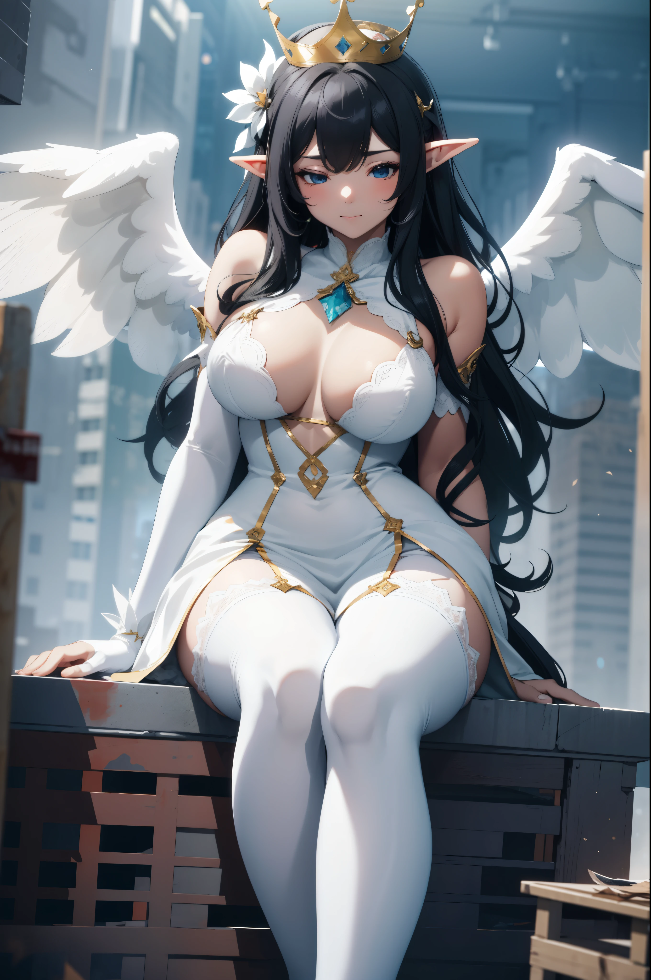 giant girl 50,000 feet high,Weight 1000kg,Have a pair of long legs,Keep your eyes open,Has a pair of huge white angel wings,With huge devil horns on his head,wear a crown on your head,Elf wearing white earrings,She has long black hair that reaches her feet,loose hair,Black wavy long curly hair,Wearing a pair of white boots on her feet,White lace gloves,White lace pantyhose,Bow and star embellished tights,白色蕾丝whole body,Sit on a tall building,Beautiful appearance,Exquisite makeup,quality,8k,高quality,Perfect proportion, Cinema lighting,film grain,Fuji colors,8k,textured skin,Super details,high detail,high resolution,fake smile,blood stains,脚底有blood stains,whole body,fat,elf princess,feather,flowers