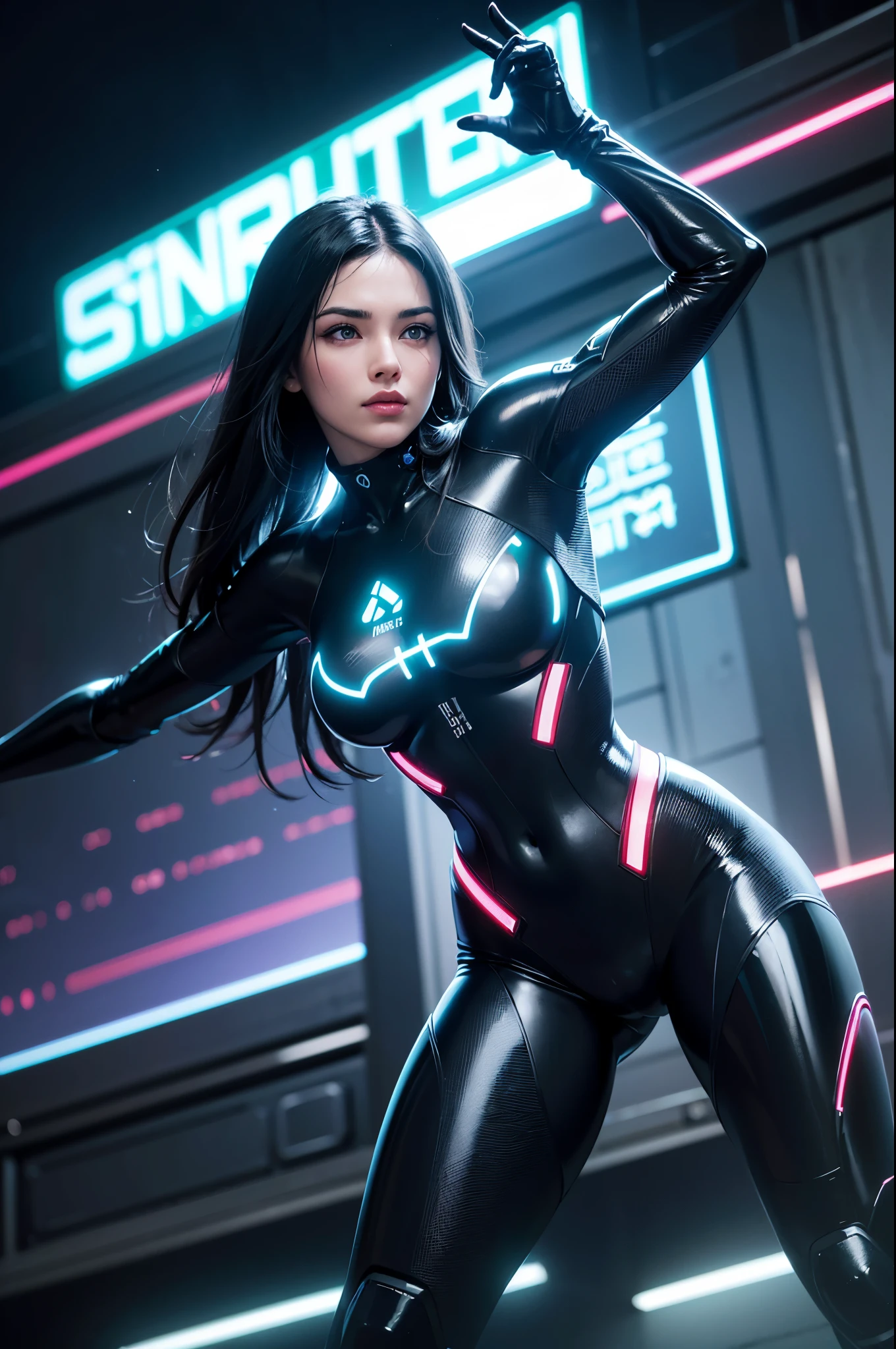 (best quality,4k,8k,highres,masterpiece:1.2),ultra-detailed,(realistic,photorealistic,photo-realistic:1.37),23-year-old woman,cyberpunk ninja,beautiful detailed eyes,beautiful detailed lips,extremely detailed eyes and face,longeyelashes,shiny black hair flowing in the wind,striking neon tattoos on her arms and legs,cybernetic arm with intricate designs and glowing patterns,dressed in a sleek black bodysuit with high-tech armor plating,strong and agile physique,striking a dynamic pose with a katana drawn,navigating the futuristic cityscape with skyscrapers and neon lights in the background,sci-fi cyberpunk atmosphere,blue and purple color palette with vibrant neon accents,moody and dramatic lighting,creating a sense of mystery and danger,electric sparks and glowing particles in the air,adding a sense of energy and excitement to the scene