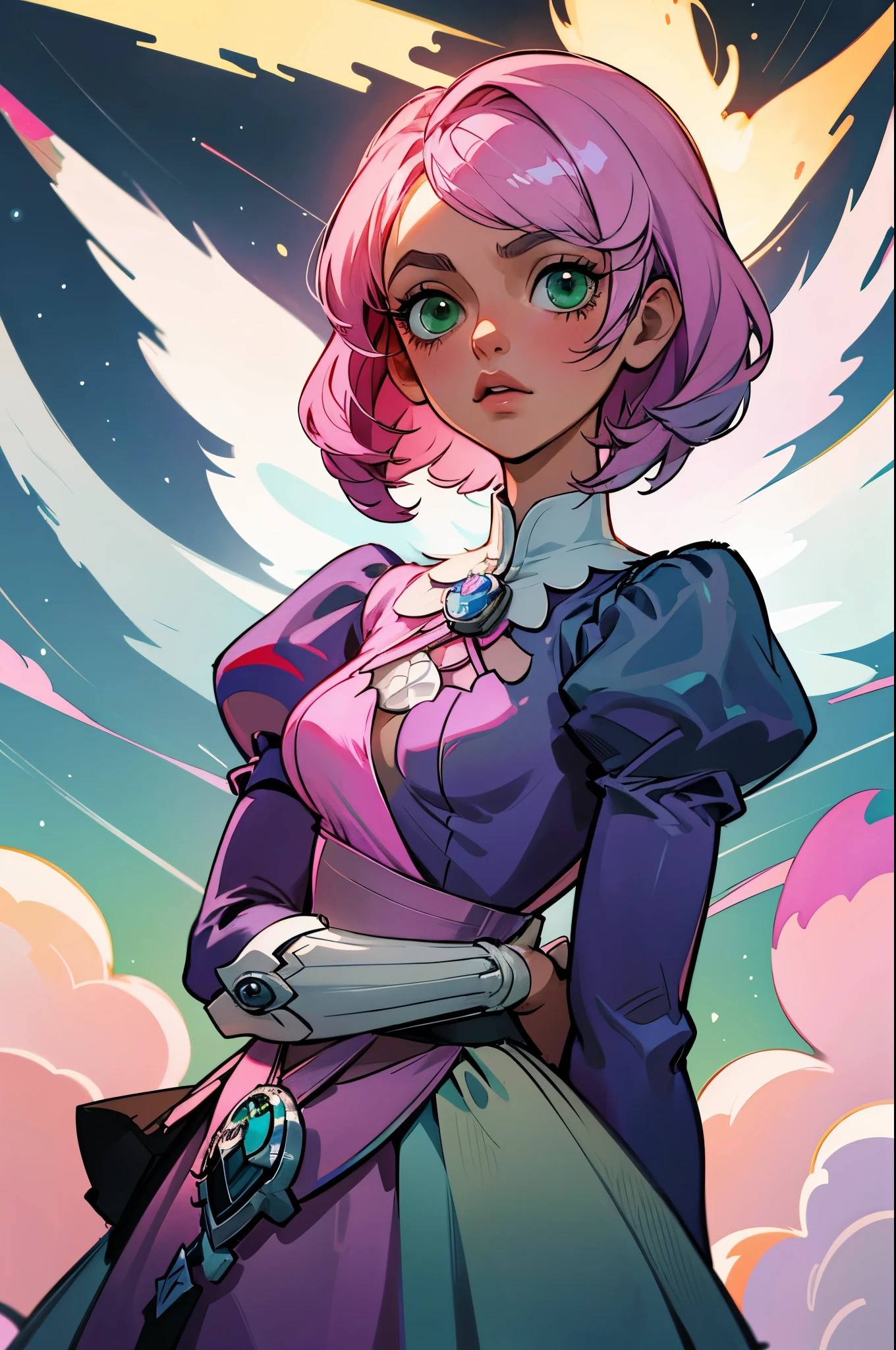 Alisa bosconovitch androide de origem russa, iris dos olhos cintilantes verdes, melhor qualidade, contemporary, estilo plano, minimalismo, Green Eyes Flat Illustration, cabelo rosa, cabelo curto, cabelos multicoloridos, Camisa Preta, mechanical wings, Head Portrait Close-U, peito pontudo, decote, super decote, medium breasts, Tekken, cabelo rosa pastel, 1 garota, em quimono, hand painted, Desenho de linha sem cor, colorida do yandere pastel, Tekken, Super cute pink hair girl with gothic makeup on the side, figura esbelta, robusto, He sat on the floor, cabelos muito curtos, com orelhas de gato, quadratic element, kawaii cor-de-rosa na roupa da era de 1910, Alisa Bosconovich pink lips, no estilo da paleta de cores suave aurorapunk, an anime illustration of his face, gifs animados, hand drawn animation, charming sketches, suave e brilhante, romantismo nebuloso, Estilo Superflat, perspectiva, fechar-se, Girado, Do lado, de cima, corte, atmospheric perspectiva
