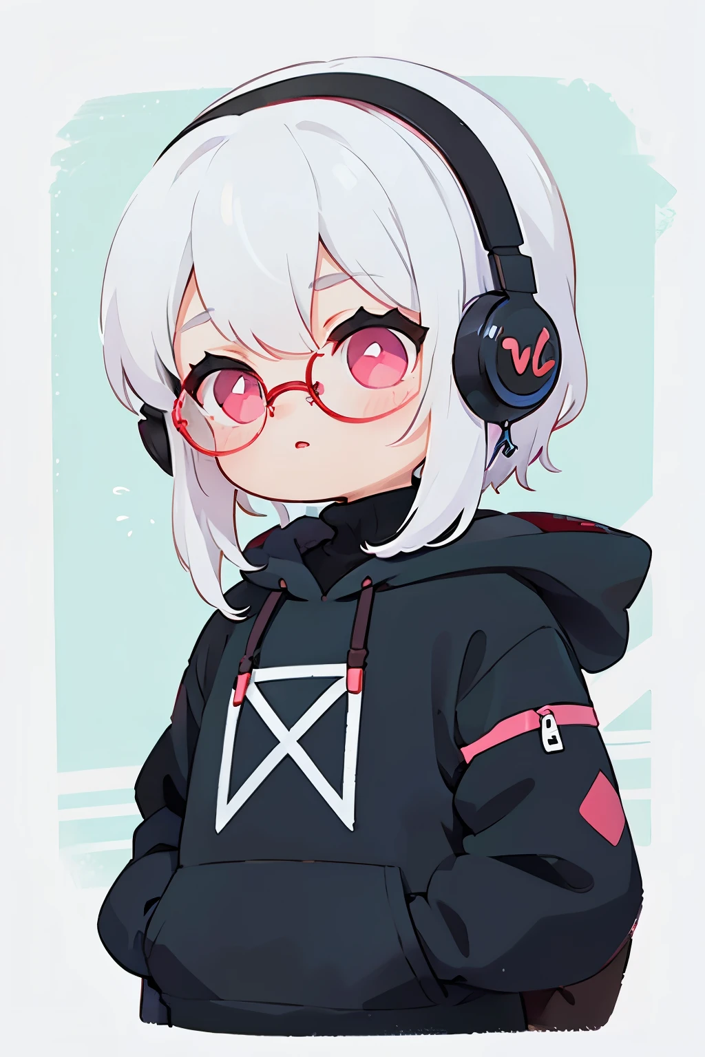 ((highest quality)), ((masterpiece)), (be familiar with), perfect face,white hair,green mesh hair,Pink eyes,round glasses,cool black hoodie,headphones,black gloves,turtleneck,alone,icon