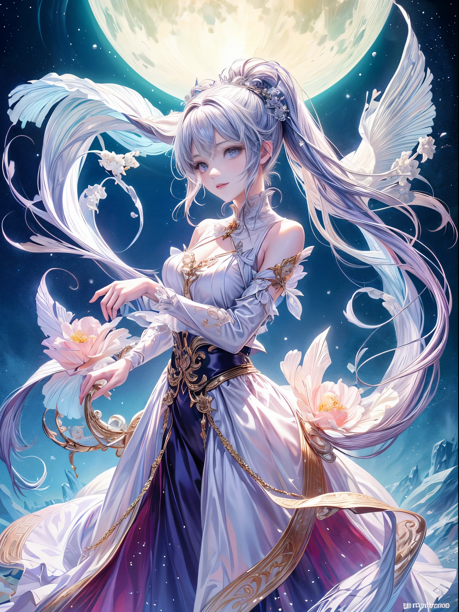 official art, Unity 8k wallpaper, ultra-detailed, beautiful and visually appealing, masterpiece, best quality, serene moon princess, (2 elegant and intricate hairstyles, one being Odango and the other featuring two long pigtails), crescent moon, dynamic angles, cowboy shooting, most beautiful chaotic form, elegant, cubist art:1.3, vibrant colors, romanticism, the glow of stars, northern lights.