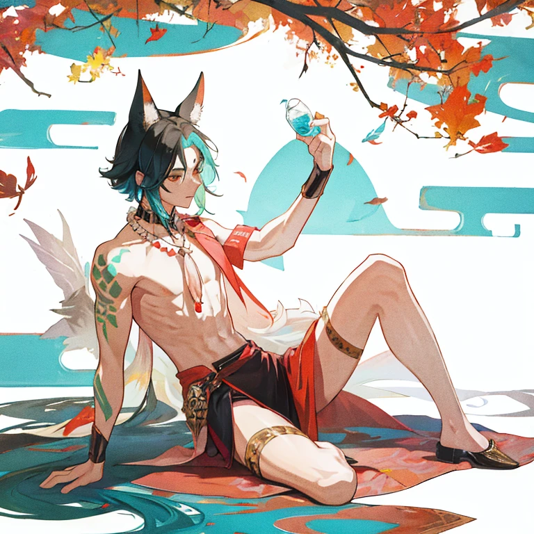 nude,Animal skin skirt,male,the only person