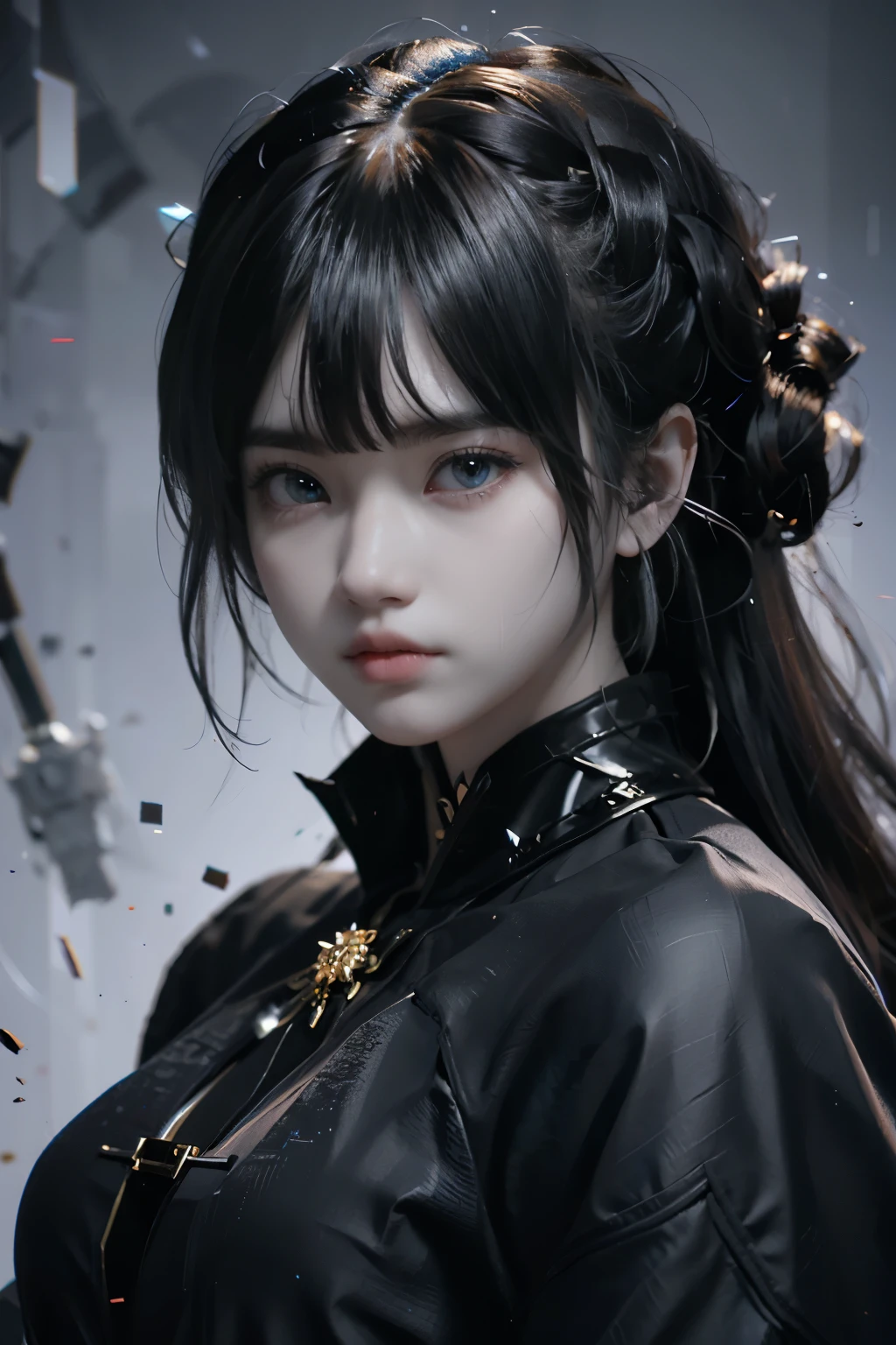 Game art，The best picture quality，Highest resolution，8K，((A bust photograph))，((Portrait))，((Head close-up:1.5))，(Rule of thirds)，Unreal Engine 5 rendering works， (The Girl of the Future)，(Female Warrior)， 22岁少女，(Female hackers)，(Rainbow hair:1.2)，(Ancient Oriental hairstyle)，(The pupils of the red eyes:1.3)，(A beautiful eye full of detail)，(Big breasts)，(Eye shadow)，优雅迷人，冷漠，((Anger))，(Future style silk combat suit combined with the characteristics of Chinese cheongsam，Joint Armor，There are exquisite Chinese patterns on the clothes，A flash of jewellery)，赛博朋克人物，未来风格， 拍照姿势，城市背景，Movie lights，Ray tracing，Game CG，((3D Unreal Engine))，oc渲染反射纹