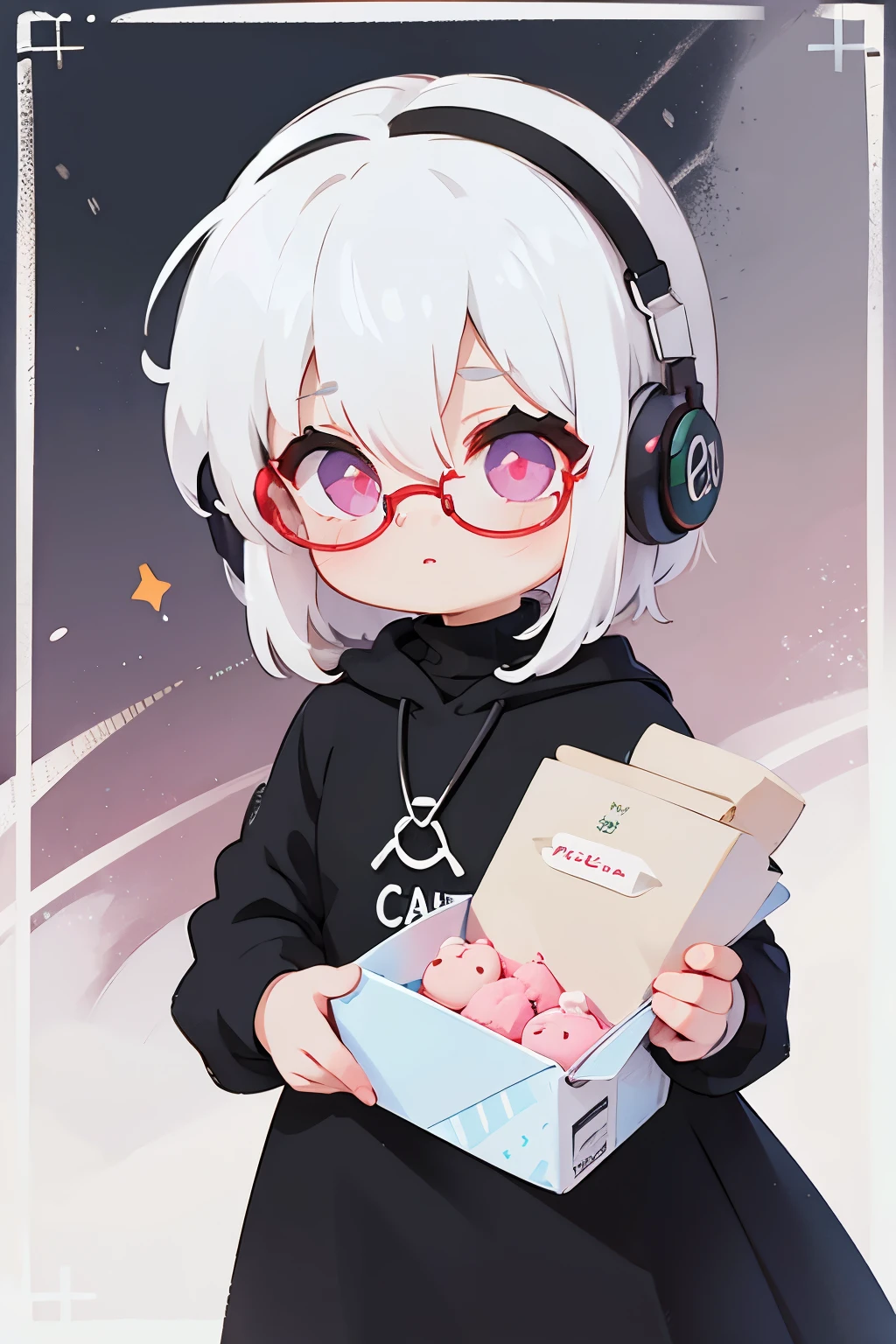 ((highest quality)), ((masterpiece)), (be familiar with), perfect face,white hair,green mesh hair,Pink eyes,round glasses,cool black hoodie,headphones,black gloves,turtleneck,alone,icon