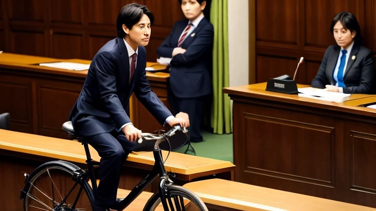 news photos, Scene at the Diet, riding a bike in parliament, politician riding a bike, suit figure, Japanese, young, male, speaking in parliament, serious expression,