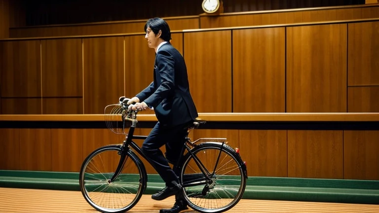 news photos, Scene at the Diet, riding a bike in parliament, politician riding a bike, suit figure, Japanese, young, male, speaking in parliament, serious expression,
