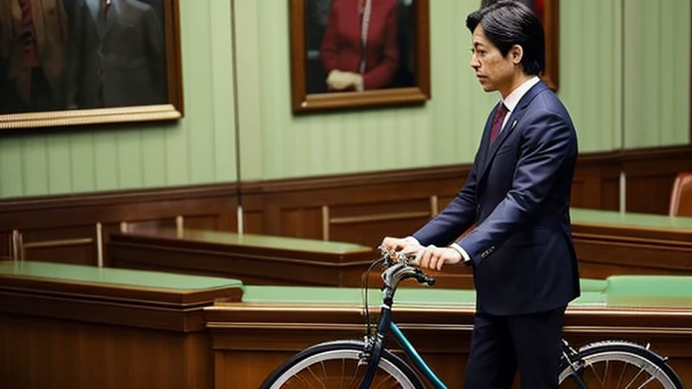 news photos, Scene at the Diet, riding a bike in parliament, politician riding a bike, suit figure, Japanese, young, male, speaking in parliament, serious expression,