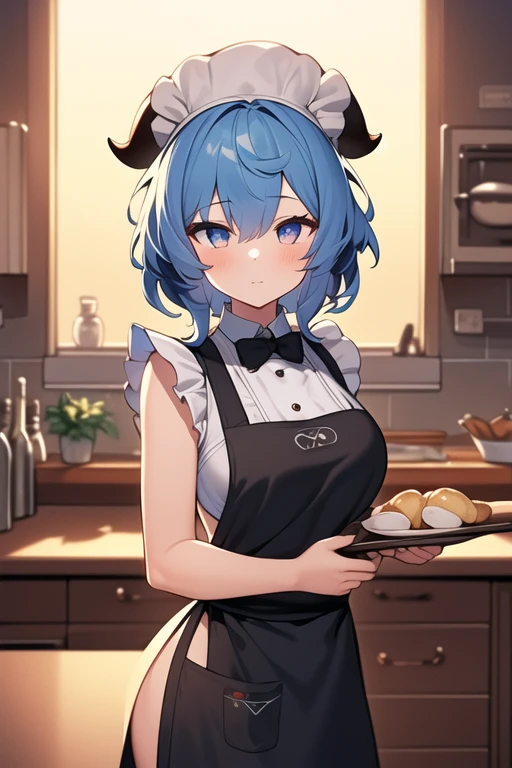 masterpiece, best quality, ((1girl)), highres, ((beautiful detailed background)), straight hair, (beautiful detailed eyes), (best quality), short hair, (illustration), (ultra-detailed), night, ((cinematic lighting)), ((masterpiece portrait)), hat, (looking at viewer:1.7), ((apron costume)), ((chef hat)), chocolate, ((kitchen)), making sweets, night, ❤, ganyurnd