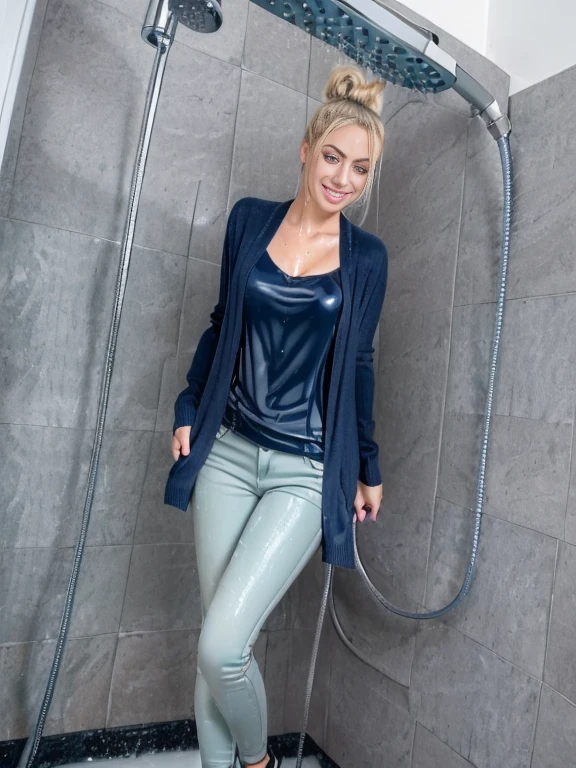 ((woman taking a shower in (very tight low cut mint green blouse) and (very long gray cardigan sweater) and (navy blue skinny jeans) and black flat shoes)), (((wet hair))), soaking wet, SoakingWetClothes, ((standing under the shower head)), (((show shoes))), inviting smile, water pouring through clothes, ((NSFW)), nipples showing through wet blouse, v-neck blouse with cleavage showing, ((blonde hair high bun style)), blue eyes