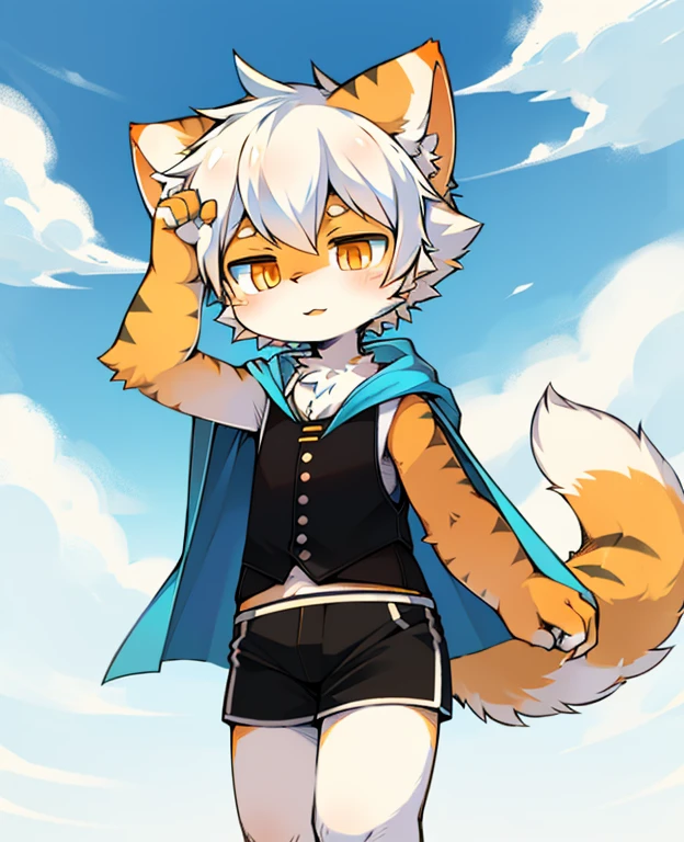 Whole body white fur cat ears fluffy cat tail male cub bright orange eyes and blue eyes spring blue sky white clouds white striped shorts black vest gold striped cloak short silver hair cute person
