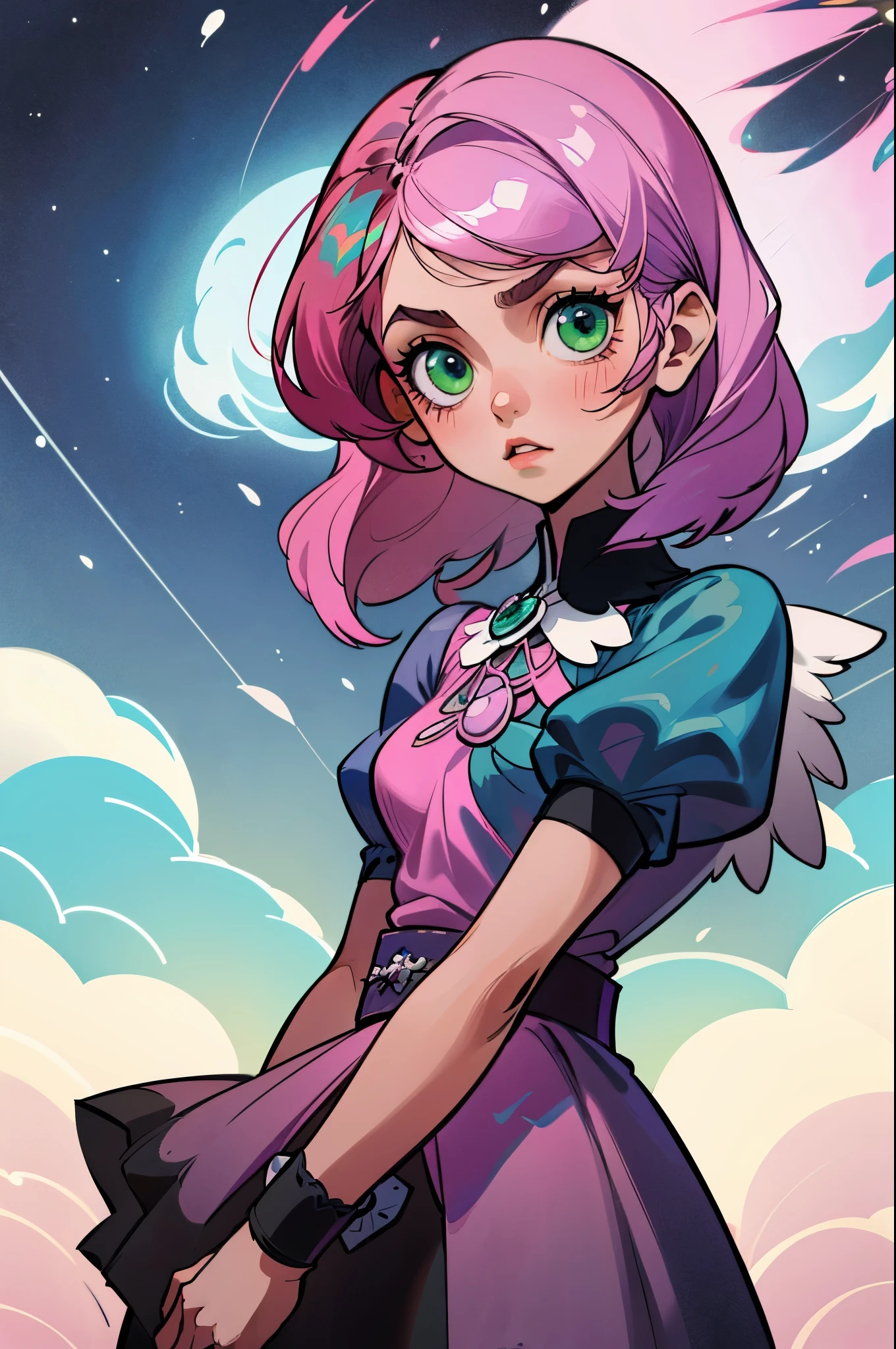 Alisa bosconovitch androide de origem russa, iris dos olhos cintilantes verdes, melhor qualidade, contemporary, estilo plano, minimalismo, Green Eyes Flat Illustration, cabelo rosa, cabelo curto, cabelos multicoloridos, Camisa Preta, mechanical wings, Head Portrait Close-U, peito pontudo, decote, super decote, medium breasts, Tekken, cabelo rosa pastel, 1 garota, em quimono, hand painted, Desenho de linha sem cor, colorida do yandere pastel, Tekken, Super cute pink hair girl with gothic makeup on the side, figura esbelta, robusto, He sat on the floor, cabelos muito curtos, com orelhas de gato, quadratic element, kawaii cor-de-rosa na roupa da era de 1910, Alisa Bosconovich pink lips, no estilo da paleta de cores suave aurorapunk, an anime illustration of his face, gifs animados, hand drawn animation, charming sketches, suave e brilhante, romantismo nebuloso, Estilo Superflat, perspectiva, fechar-se, Girado, Do lado, de cima, corte, atmospheric perspectiva