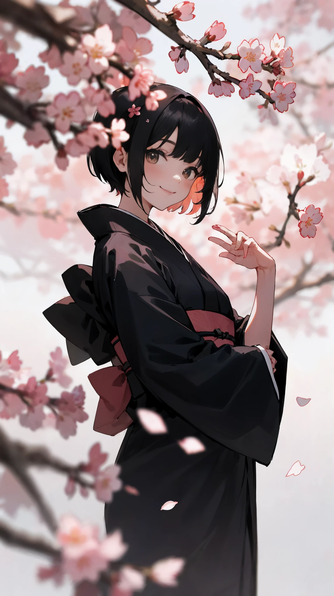 1 young woman, black hair, smile, black kimono, Cherry Blossom, short hairstyle,