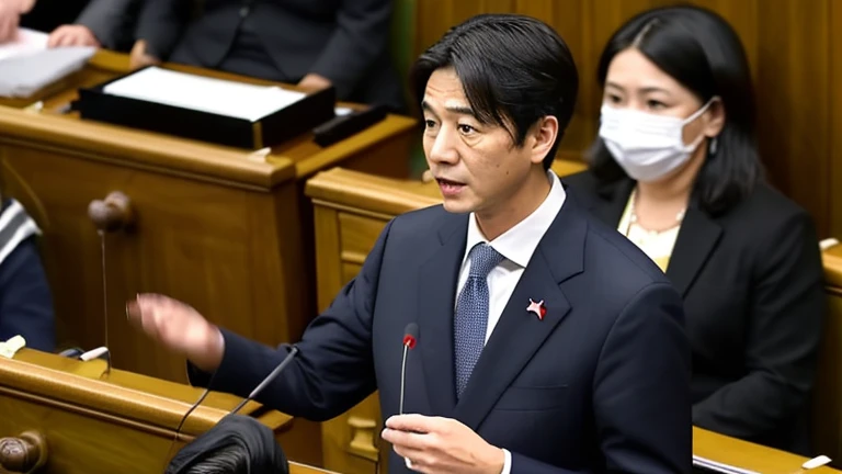 news photos, Scene at the Diet, riding a motorbike in parliament, politician riding a motorbike, suit, Japanese, young, male, speaking in parliament, serious expression,