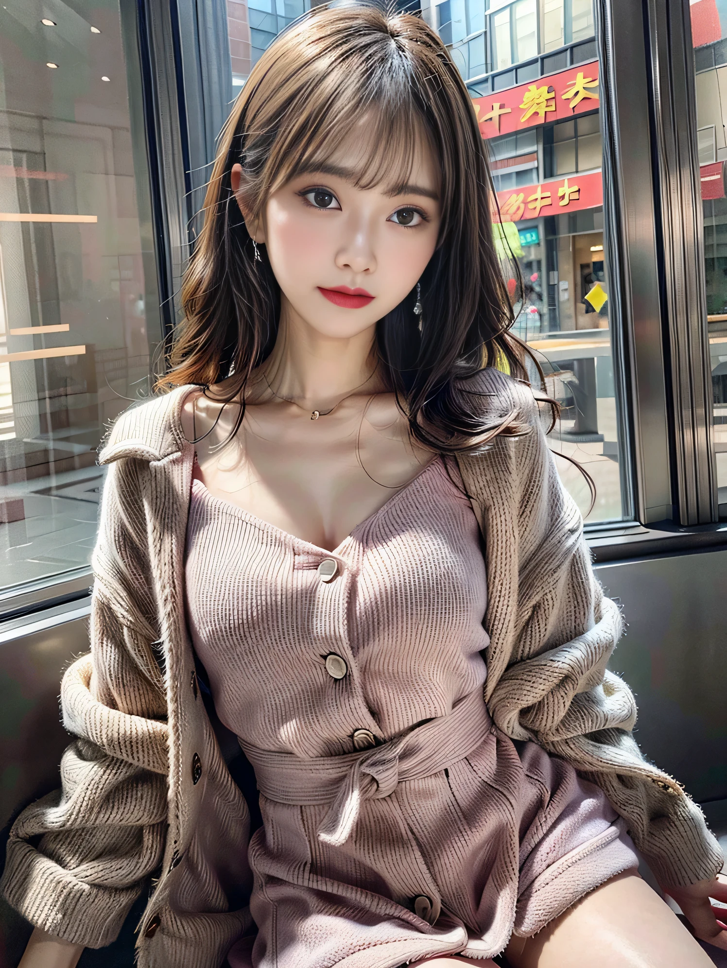 1 girl,21 years old, Height 160cm、body coordination、Proportions are well-proportioned、standing beside window,Bright backLight, alone, {Beautiful eyes details 1.3)(round eyes:1.8) , Highly detailed facial and skin textures, Natural and soft Light, dark brown hair,natural drape, Exquisite facial features, blunt bangs, beautiful korean girl, 眼睛have神, smile very happily 、(She was wearing a delicate pink woolen coat:1.3)、 (She is wearing an exquisite miniskirt:1.3)、small waist、E杯、Deep V cut,film grain,sexy pose,Photograph of the body above the knee,long legs,masterpiece, best quality, Light, super detailed,, ultra high resolution, 8k wallpaper, Perfect dynamic composition, Exquisite facial features,It's a perfect face,Facing the peak of sexual arousal, looking at the audience,hair natural,Fragrant shoulders,clavicle,Ultimate Light and shadow,Wear delicate earrings,have,(Skin texture is extremely delicate1.3), (perfect details: 1.1),Looks a lot like actor Li Qin,Place your hands behind your body、
