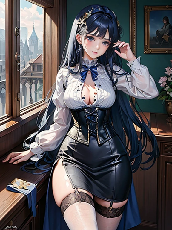 (((masterpiece)))、((highest quality))、(Super detailed)、(CG illustration)、(very beautiful girl))、cinematic light、((1 Mechanical Girl))、 SF、Apocalypse、Erotic grotesque、graduate school(beautiful and luxurious:1.2)、(1 girl:1.3)、facing the front,long dark blue hair,corset,High waist tight skirt,