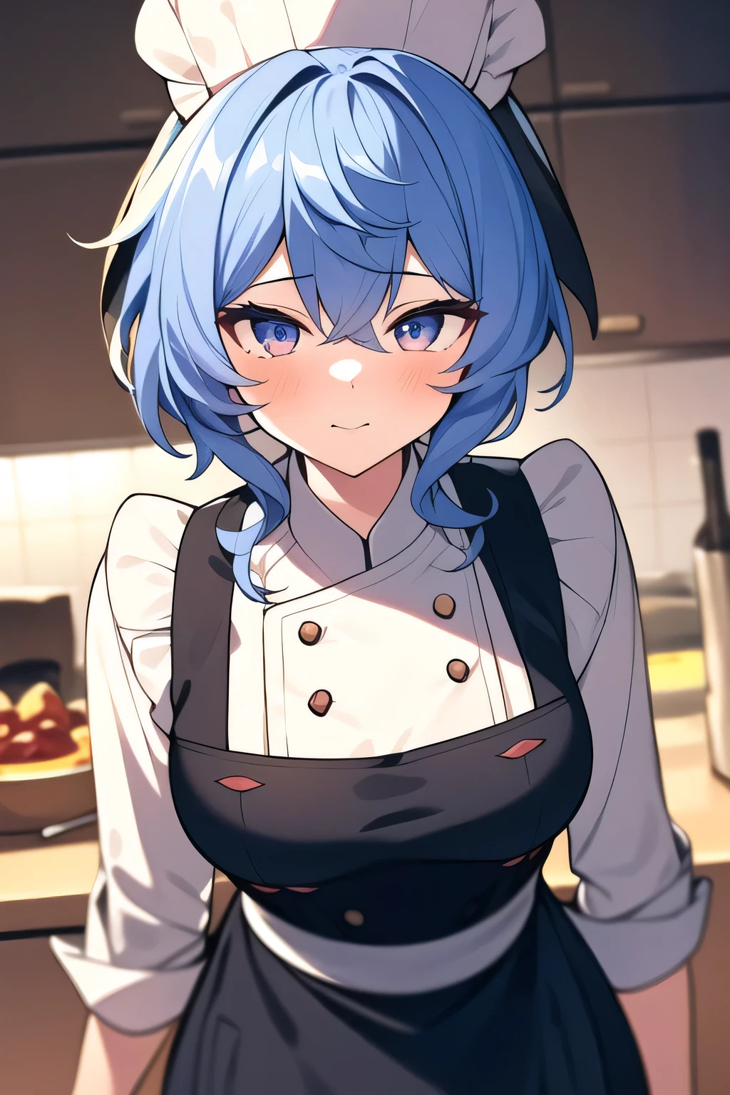 masterpiece, best quality, ((1girl)), highres, ((beautiful detailed background)), straight hair, (beautiful detailed eyes), (best quality), short hair, (illustration), (ultra-detailed), night, ((cinematic lighting)), ((masterpiece portrait)), hat, (looking at viewer:1.7), ((apron costume)), ((chef hat)), chocolate, ((kitchen)), making sweets, night, ❤, ganyurnd