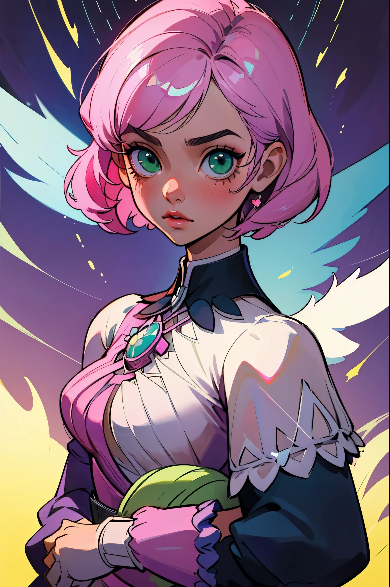 Alisa bosconovitch androide de origem russa, iris dos olhos cintilantes verdes, melhor qualidade, contemporary, estilo plano, minimalismo, Green Eyes Flat Illustration, cabelo rosa, cabelo curto, cabelos multicoloridos, Camisa Preta, mechanical wings, Head Portrait Close-U, peito pontudo, decote, super decote, medium breasts, Tekken, cabelo rosa pastel, 1 garota, em quimono, hand painted, Desenho de linha sem cor, colorida do yandere pastel, Tekken, Super cute pink hair girl with gothic makeup on the side, figura esbelta, robusto, He sat on the floor, cabelos muito curtos, com orelhas de gato, quadratic element, kawaii cor-de-rosa na roupa da era de 1910, Alisa Bosconovich pink lips, no estilo da paleta de cores suave aurorapunk, an anime illustration of his face, gifs animados, hand drawn animation, charming sketches, suave e brilhante, romantismo nebuloso, Estilo Superflat, perspectiva, fechar-se, Girado, Do lado, de cima, corte, atmospheric perspectiva
