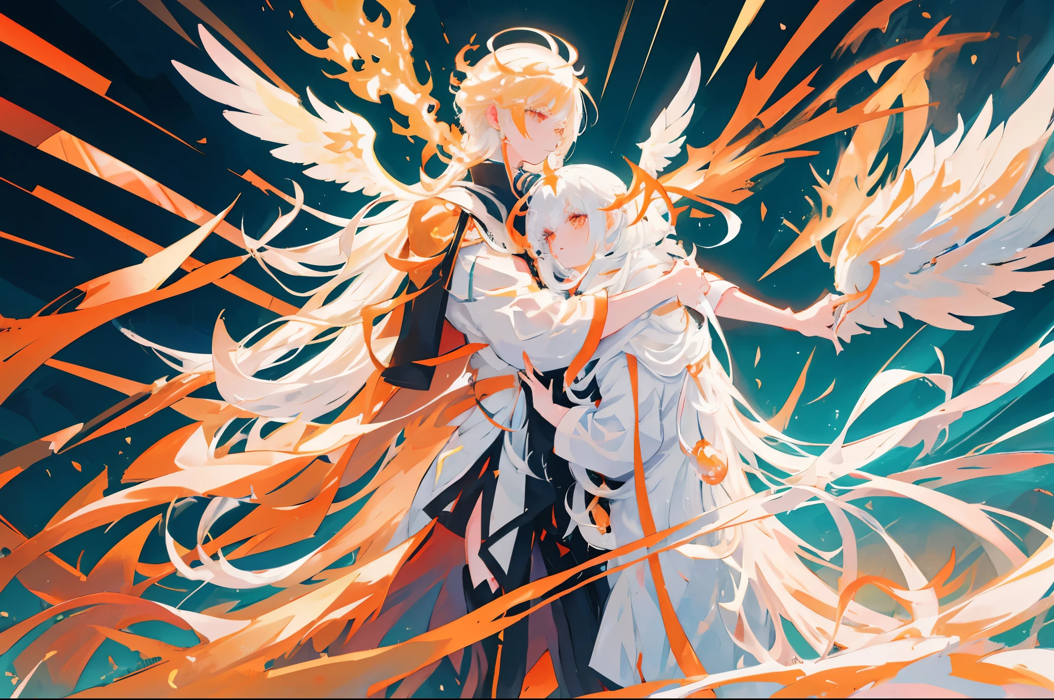 anime character with white hair and angel wings in front of a bright light, trending on artstation pixiv, ayaka genshin impact, (fire), anime visual of a cute girl, demon anime girl, with fiery golden wings of flame, white haired deity, fire!! half body, guweiz on pixiv artstation, big white glowing wings