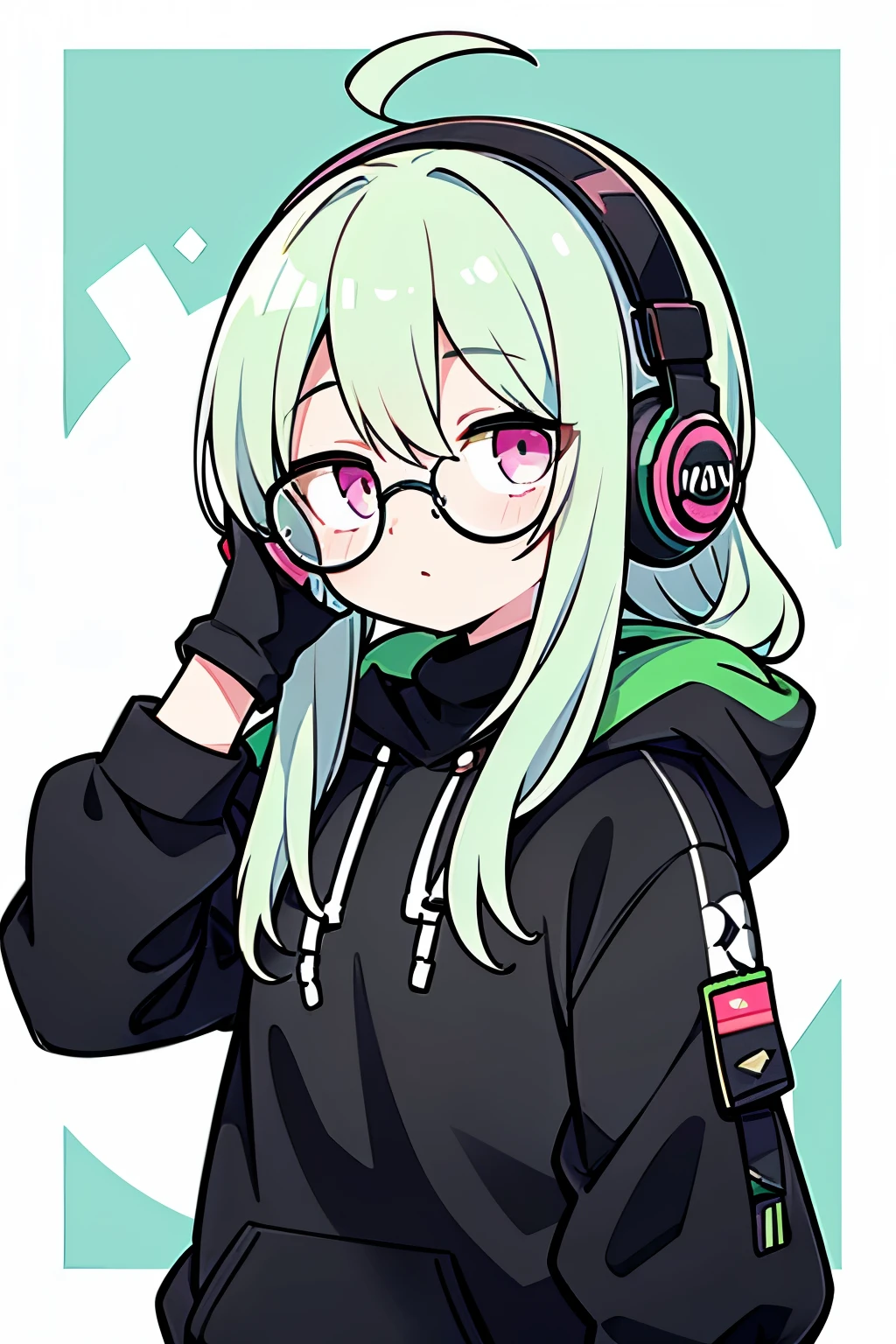 ((highest quality)), ((masterpiece)), (be familiar with), perfect face,white half-up hair,green mesh hair,Pink eyes,round glasses,cool black hoodie,headphones,black gloves,turtleneck,alone,icon