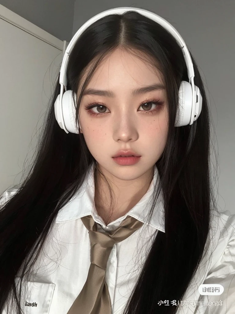 there is a woman wearing auriculares and a tie with her eyes closed, with auriculares, con auriculares, wearing auriculares, muchacha coreana, auriculares, ulzzang, girl wearing auriculares, auriculares on, jisoo de blackpink, wearing black auriculares, Jisoo de Blackpink, cruel chica gótica coreana, jossi de blackpink, portrait of jossi de blackpink, jennie rosa negro