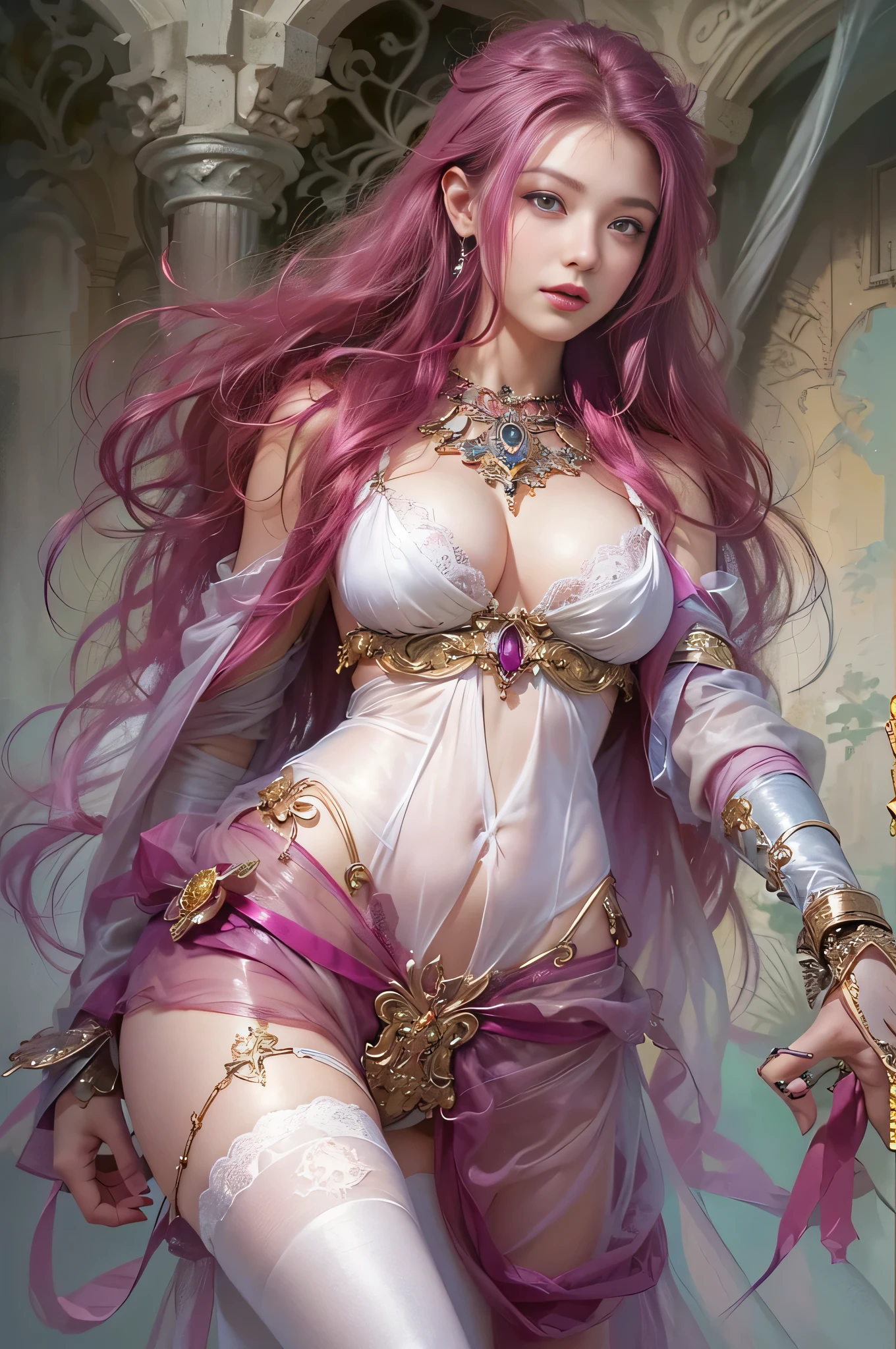 bright colors,((Masterpiece:1.4)、(Highest quality:1.4)、(realistic:1.7))、By Luis Royo(By Luis Royo)ภาพrealisticของbeautiful girl、beautiful girlสุดสวย、((1 girl came in:1.4))、skin'The texture has a natural shine..、Author:By Luis Royo(By Luis Royo)、Age 19、(two arms:1.4、Two legs:1.4)、(perfect anatomy:1.4)、(perfect woman'body:1.4)、Portrait of a young woman、close up、Take the whole body、((table top:1.4), (ที่มีHighest quality:1.4), (realistic:1.7), By Luis Royo, beautiful girl, beautiful girlสุดสวย, ((1 girl came in:1. 4), skin'The texture has a natural shine.., Author: By Luis Royo, Age 19 ปี, (perfect woman'body: 1.4), (perfect woman'body: 1.) 4), Portrait of a young woman, close up, (รูปTake the whole body), fantasy art, Weak headlights, beautiful expression, Cute face, Beautiful breasts, full breasts: 1. 2, Beautiful buttocks, good eyes, clear and eye-catching, beautiful and charming, beautiful eyes, Thin waist, raw photos, red lips, ((Magenta hair, long hair)) , 1 screen view, ), (Sexy Gestures), holding a golden fancy sword,(milky way in the sky),((T-back panties))、((White garter and garter))、(smile)、((Orchid vagina))、((Erection))